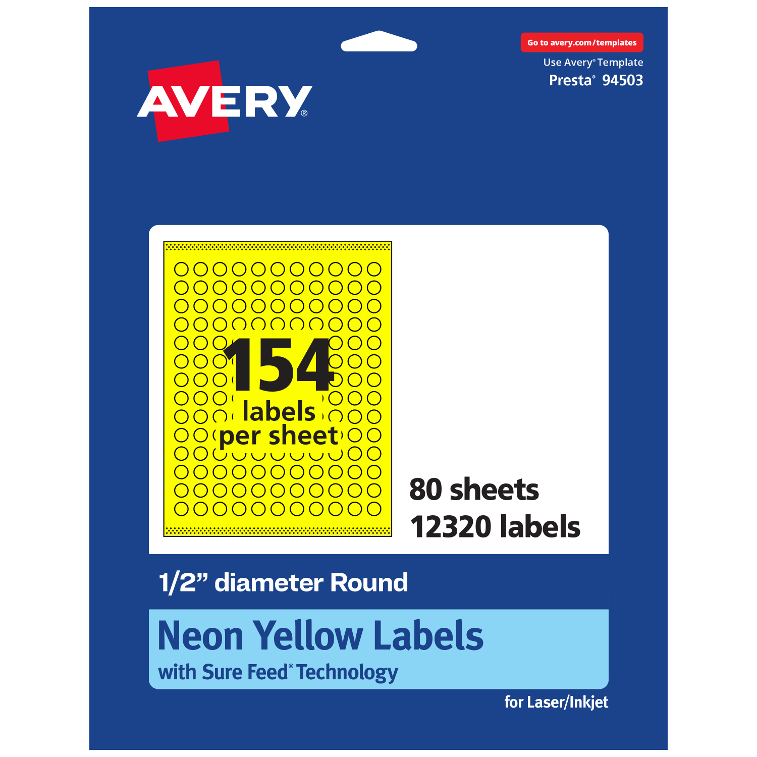 Avery Print-To-The-Edge Labels With Sure Feed Technology, 94503-NYP80, Round, 1/2in, Matte Neon Yellow, Pack of 12320