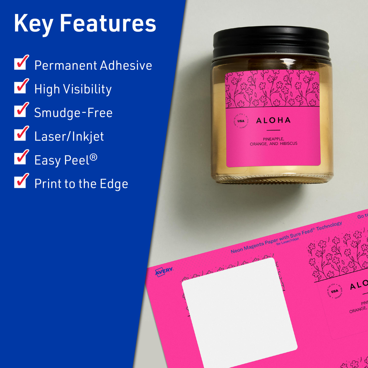 Avery Print-To-The-Edge Labels With Sure Feed Technology And Easy Peel Label Feature, 94101-NMP80, Square, 3in x 3in, Matte Neon Magenta, Pack of 480 - Image 3