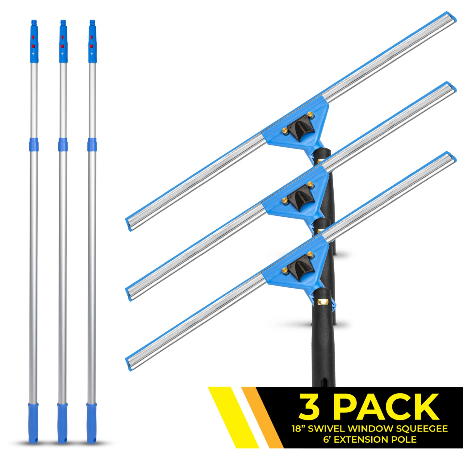 Gritt Commercial Swivel Window Squeegee And Telescopic Pole Window Washing Kit, 18in Squeegee/6ft Pole, Multicolor, Pack Of 3 Kits - Image 3