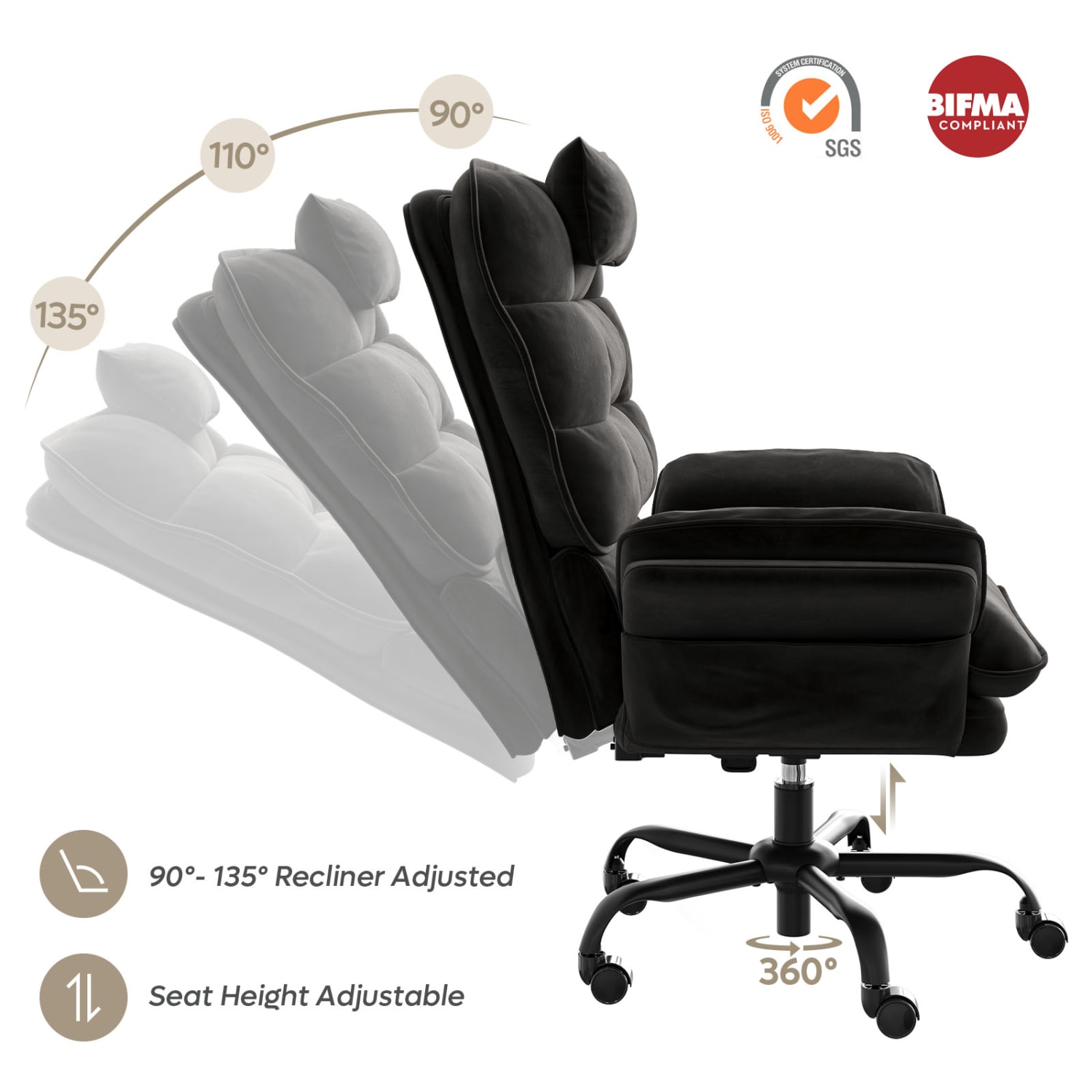 Bestier Ergonomic Velvet High-Back Swivel Executive Task Chair, Black - Image 4