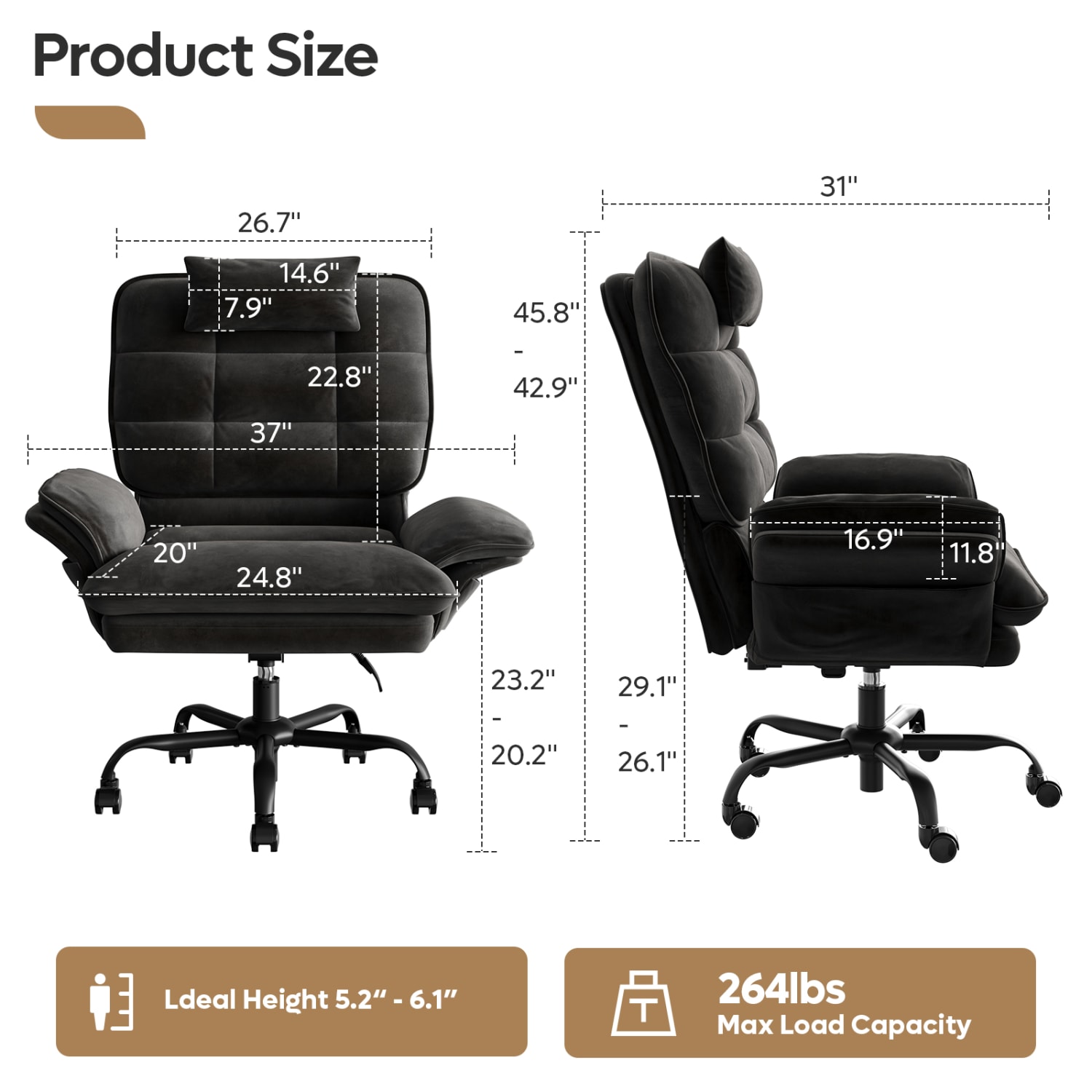 Bestier Ergonomic Velvet High-Back Swivel Executive Task Chair, Black - Image 5