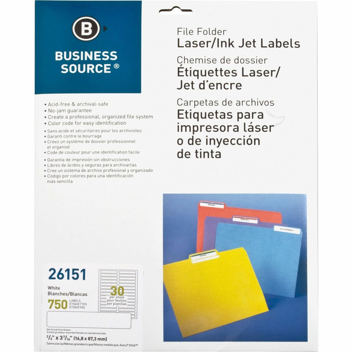 Business Source Laser/Inkjet Permanent File Folder Labels - 43/64inx 3 7/16in - Permanent Adhesive - Rectangle - 26151