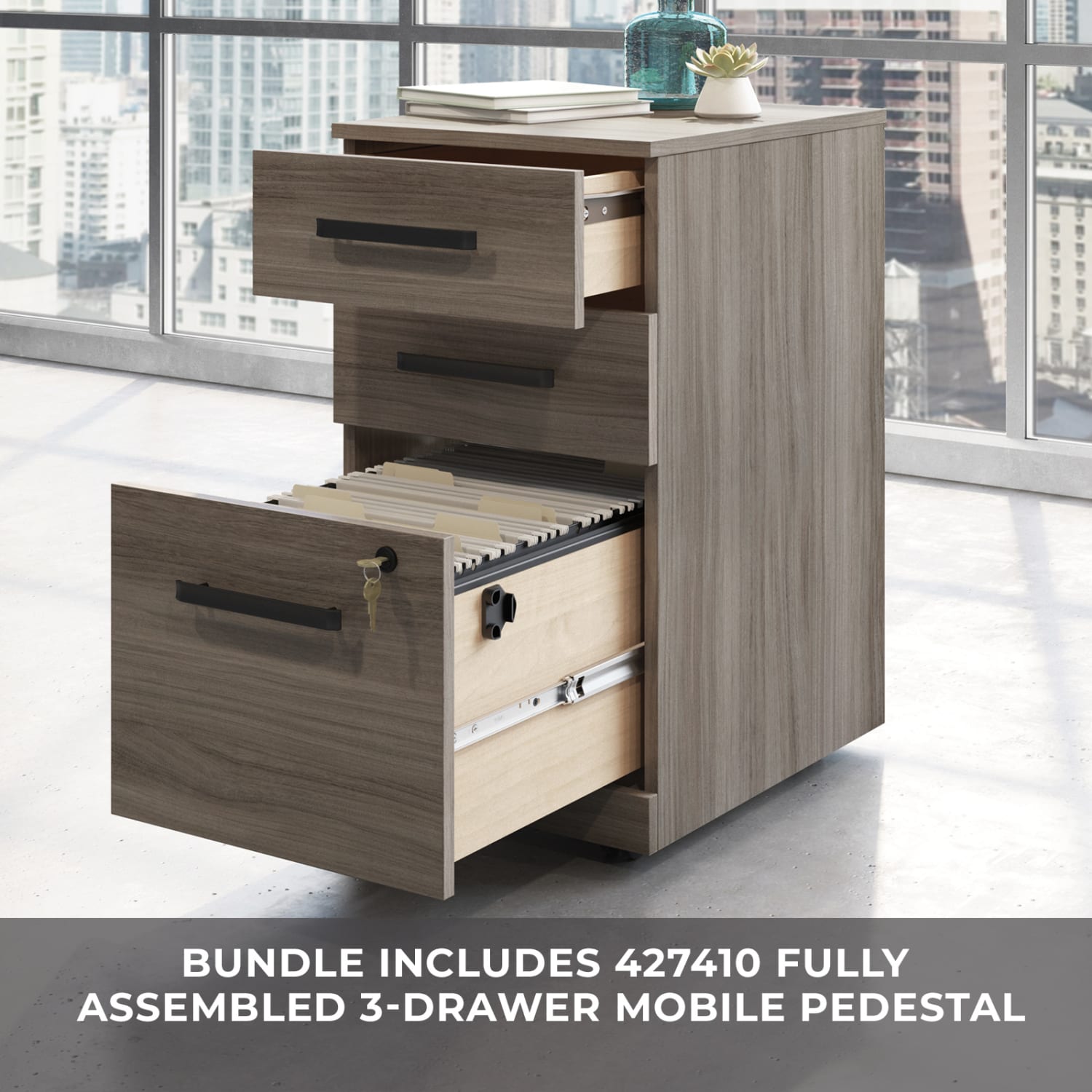 Sauder Affirm 72inW Commercial Desk With 3-Drawer Pedestal File, 29-1/4inH x 71-1/8inW x 23-1/2inD, Hudson Elm - Image 5