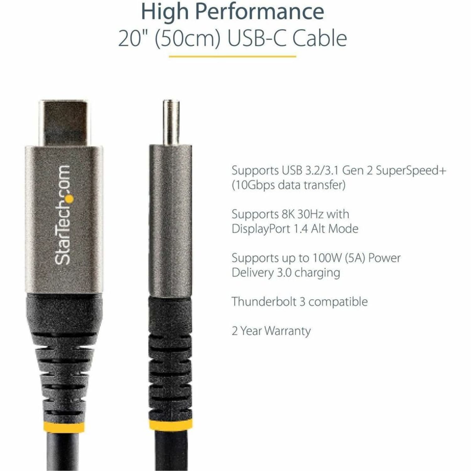 StarTech.com 20in 50cm USB C Cable 10Gbps, USB 3.1 Type-C Cable, 5A/100W, DP Alt Mode, USB-C Cord  - USB31CCV50CM - Image 4