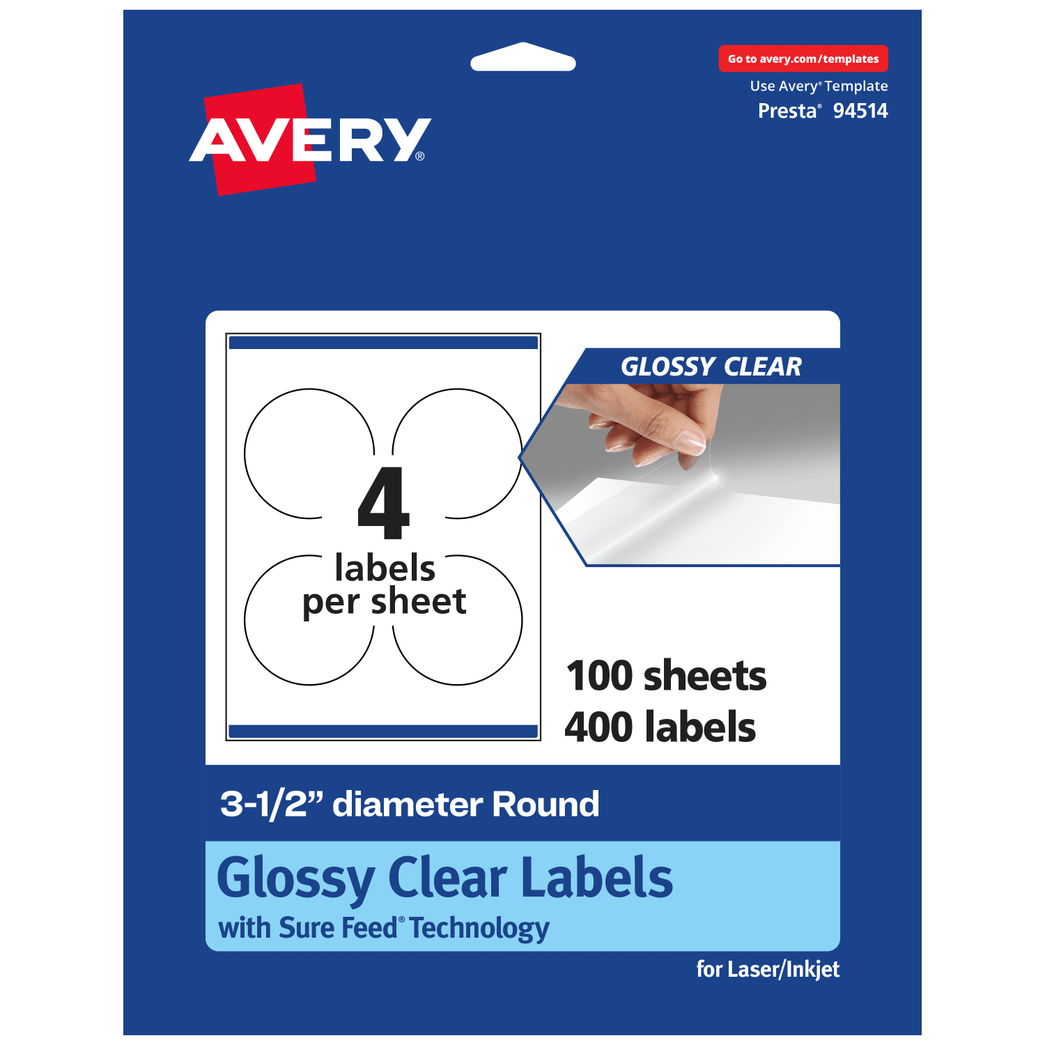 Avery Glossy Permanent Labels With Sure Feed, 94514-CGF100, Round, 3-1/2in Diameter, Clear, Pack Of 400