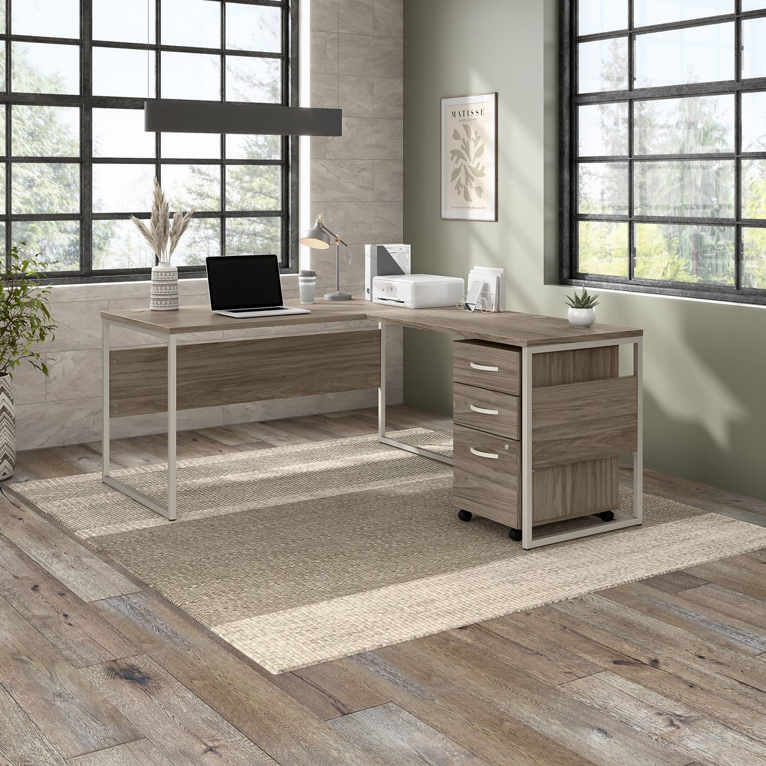 Bush Business Furniture Hybrid 60inW L-Shaped Corner Desk Table With Mobile File Cabinet, Modern Hickory, Standard Delivery - Image 3