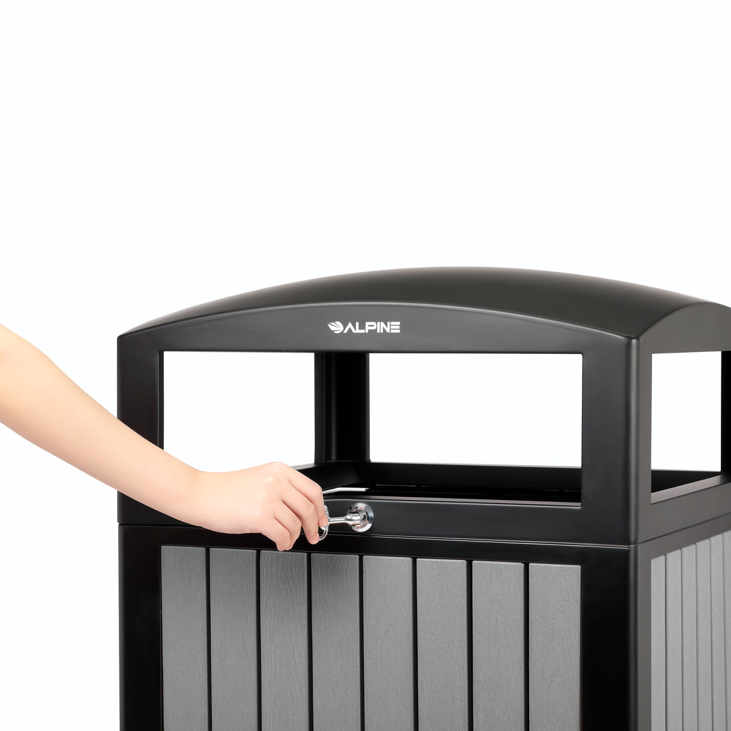 Alpine Slatted Plastic Panel Outdoor Trash Can, 40 Gallon, 40-15/16inH x 21-5/16inW x 21-5/16inD, Gray - Image 6
