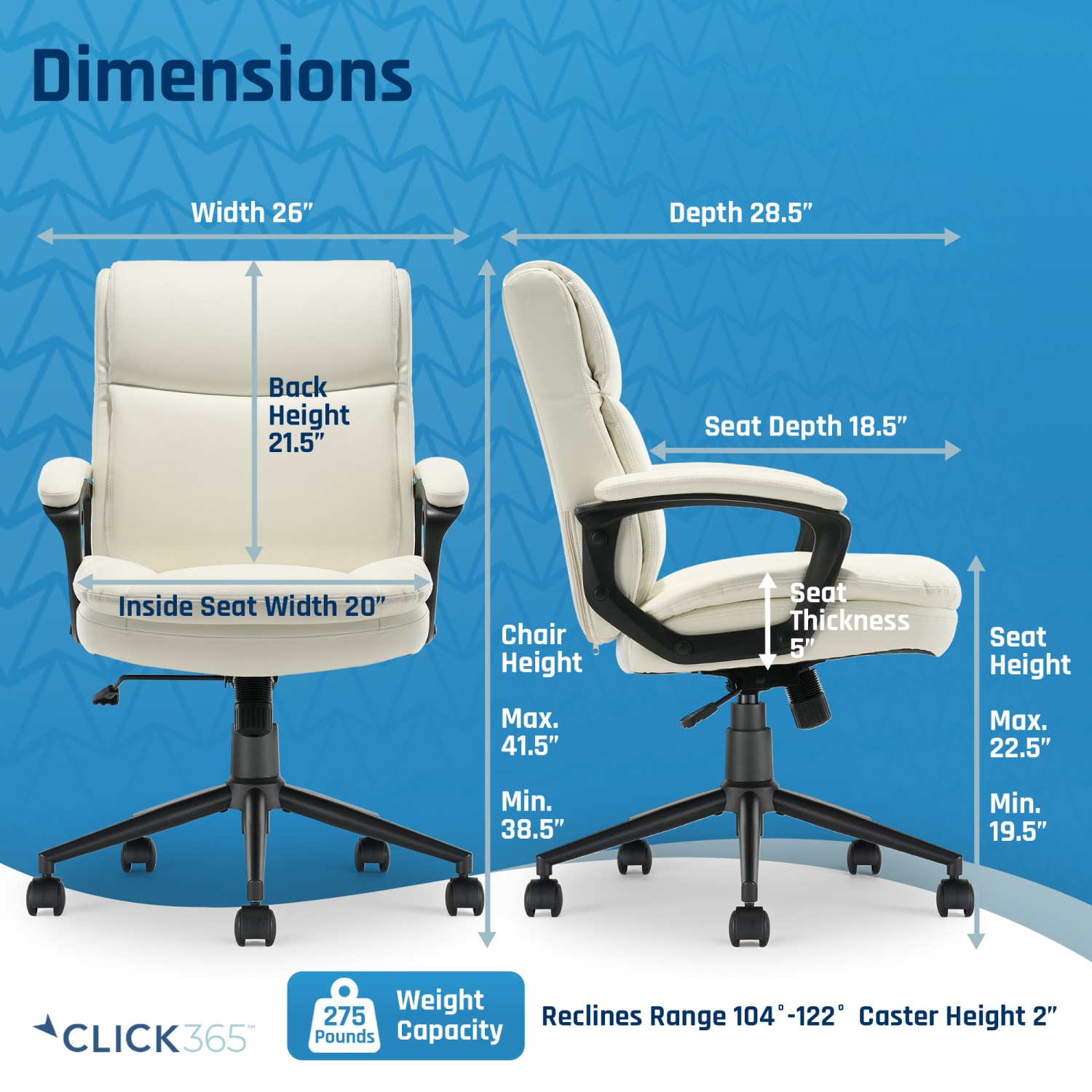 Click365 Transform 20 Ergonomic Bonded Leather Mid Back Office Chair WhiteBlack PopularChairscom