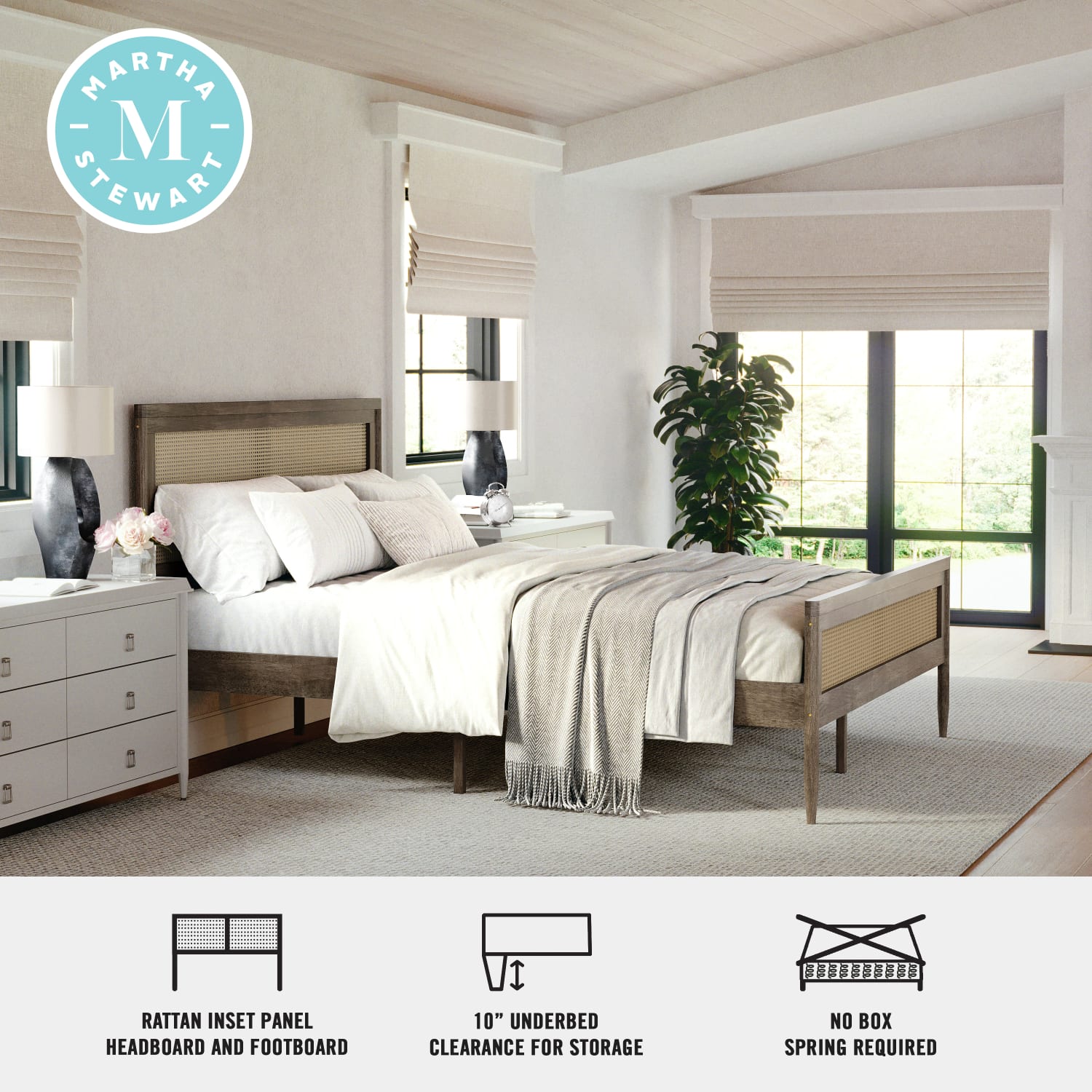 Flash Furniture Martha Stewart Jax Solid Wood Platform Bed with Rattan Headboard and Footboard, No Box Spring Required, Brown Gray, Queen - Image 4