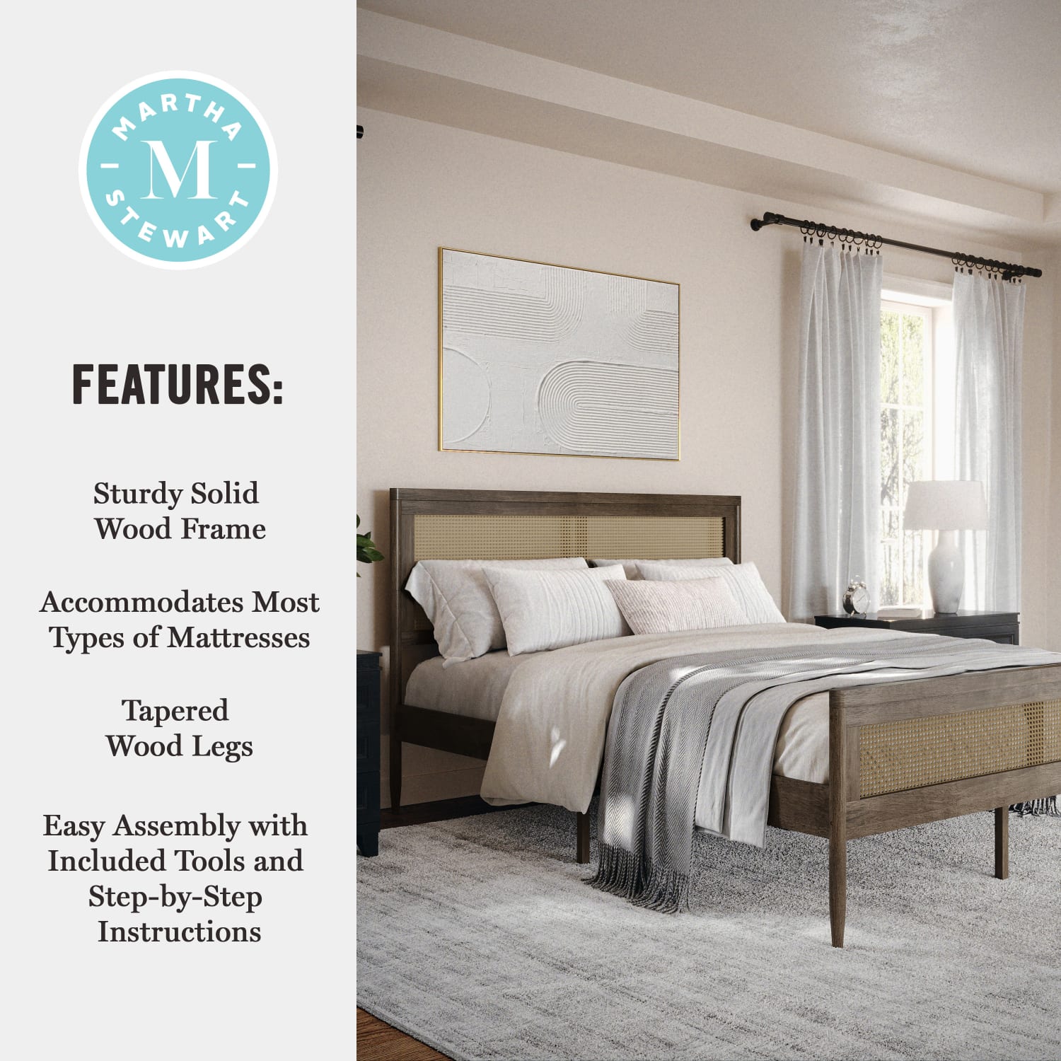 Flash Furniture Martha Stewart Jax Solid Wood Platform Bed with Rattan Headboard and Footboard, No Box Spring Required, Brown Gray, Queen - Image 5