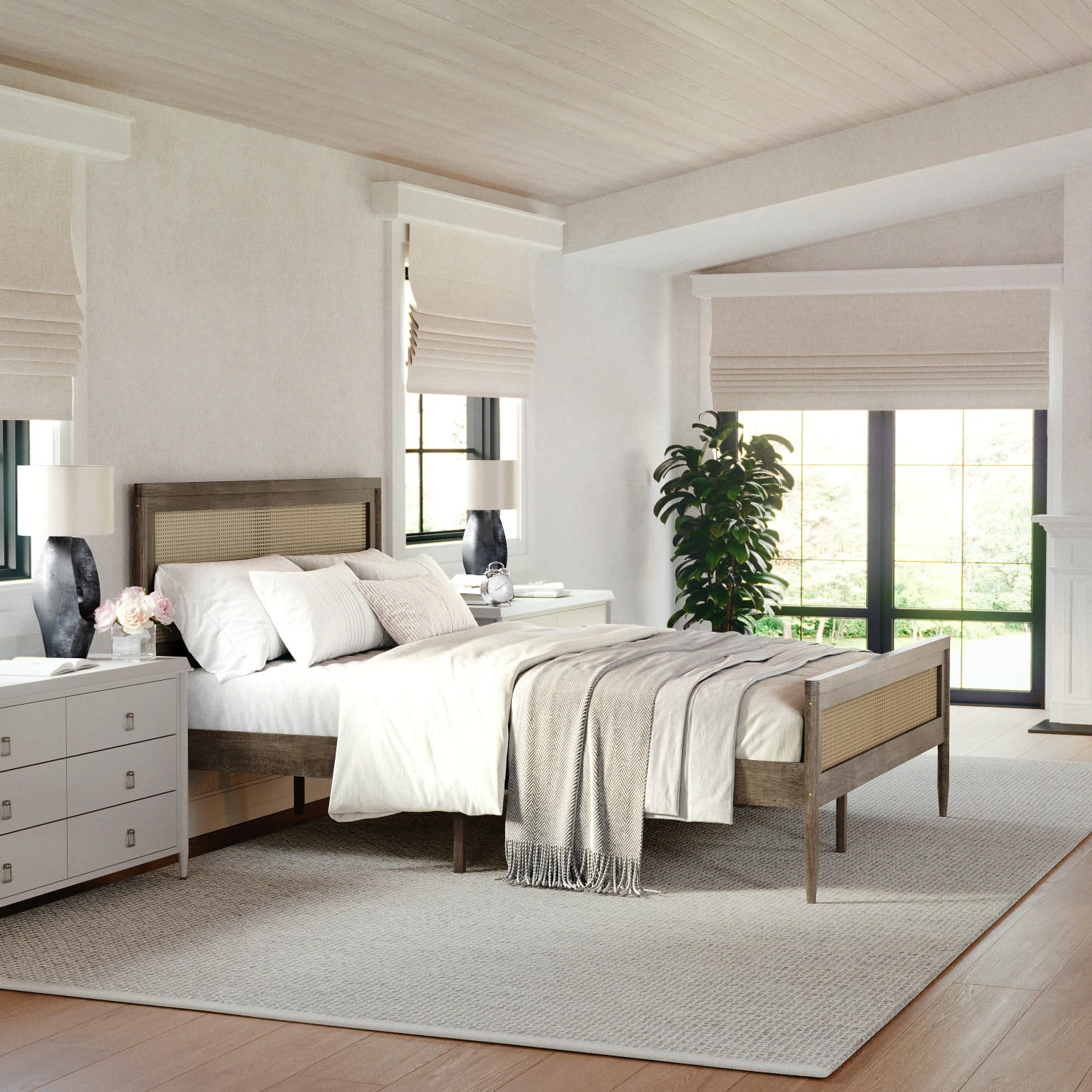 Flash Furniture Martha Stewart Jax Solid Wood Platform Bed with Rattan Headboard and Footboard, No Box Spring Required, Brown Gray, Queen - Image 6