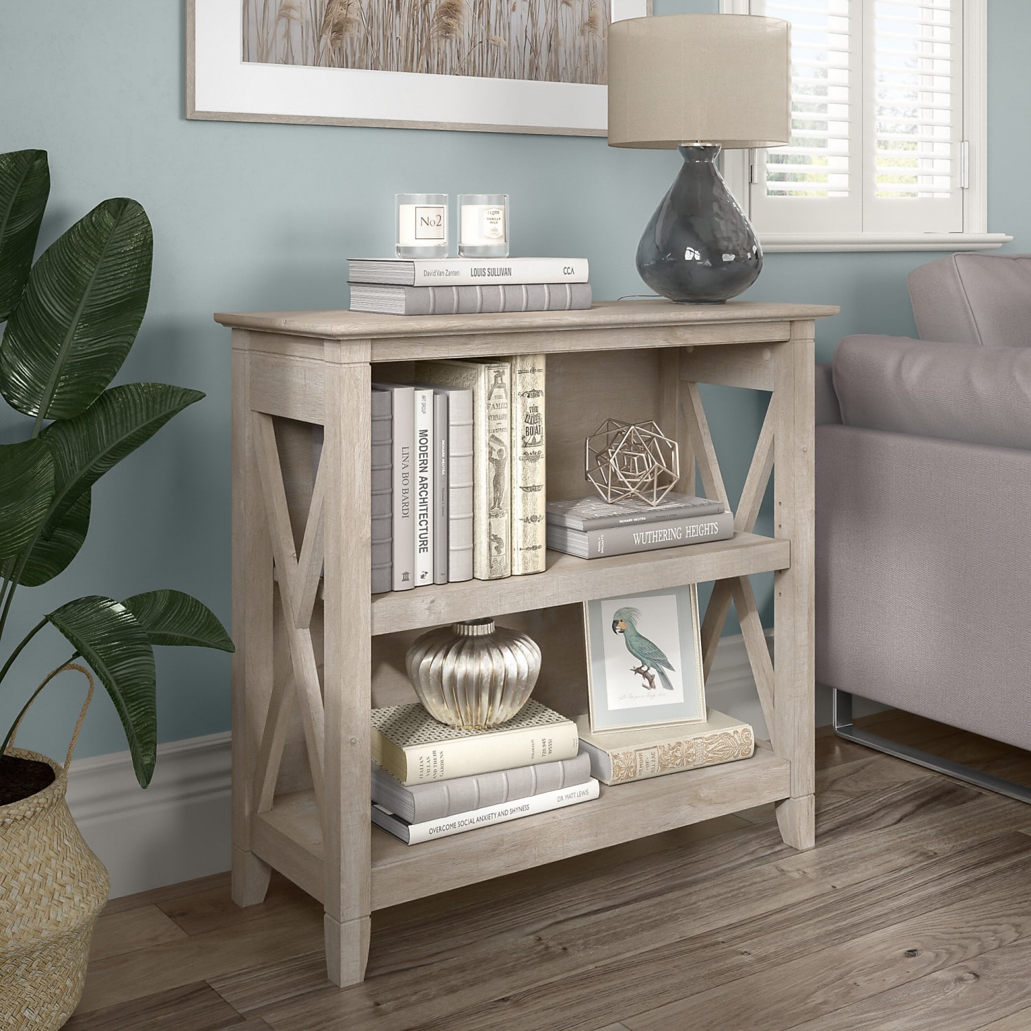 Bush Furniture Key West Small 30inH 2-Shelf Bookcase, Washed Gray, Standard Delivery - Image 3