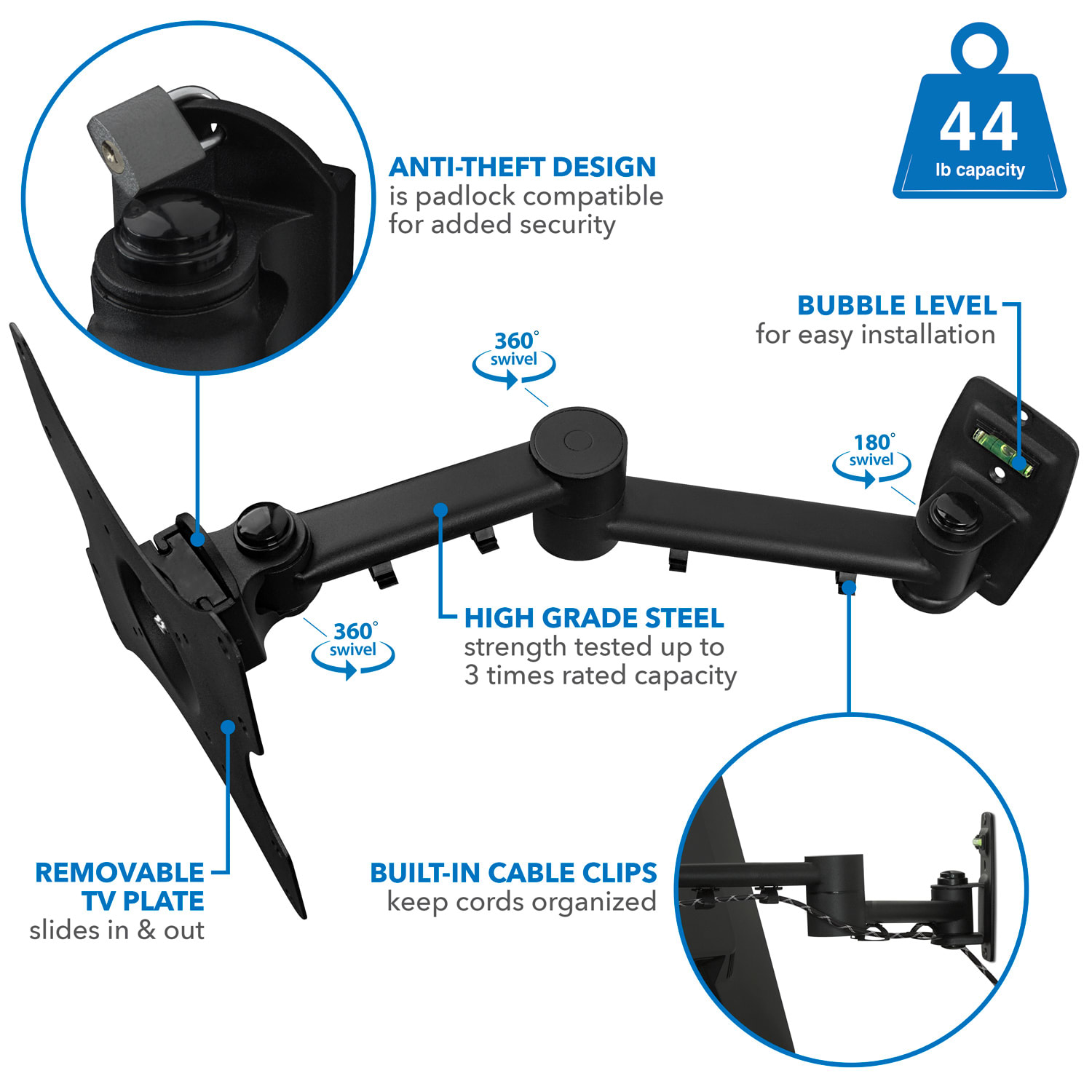 Mount-It! Lockable Wall-Mount Bracket For 13 - 42in TVs, 9.3inH x 11inW x 3.5inD, Black - Image 4