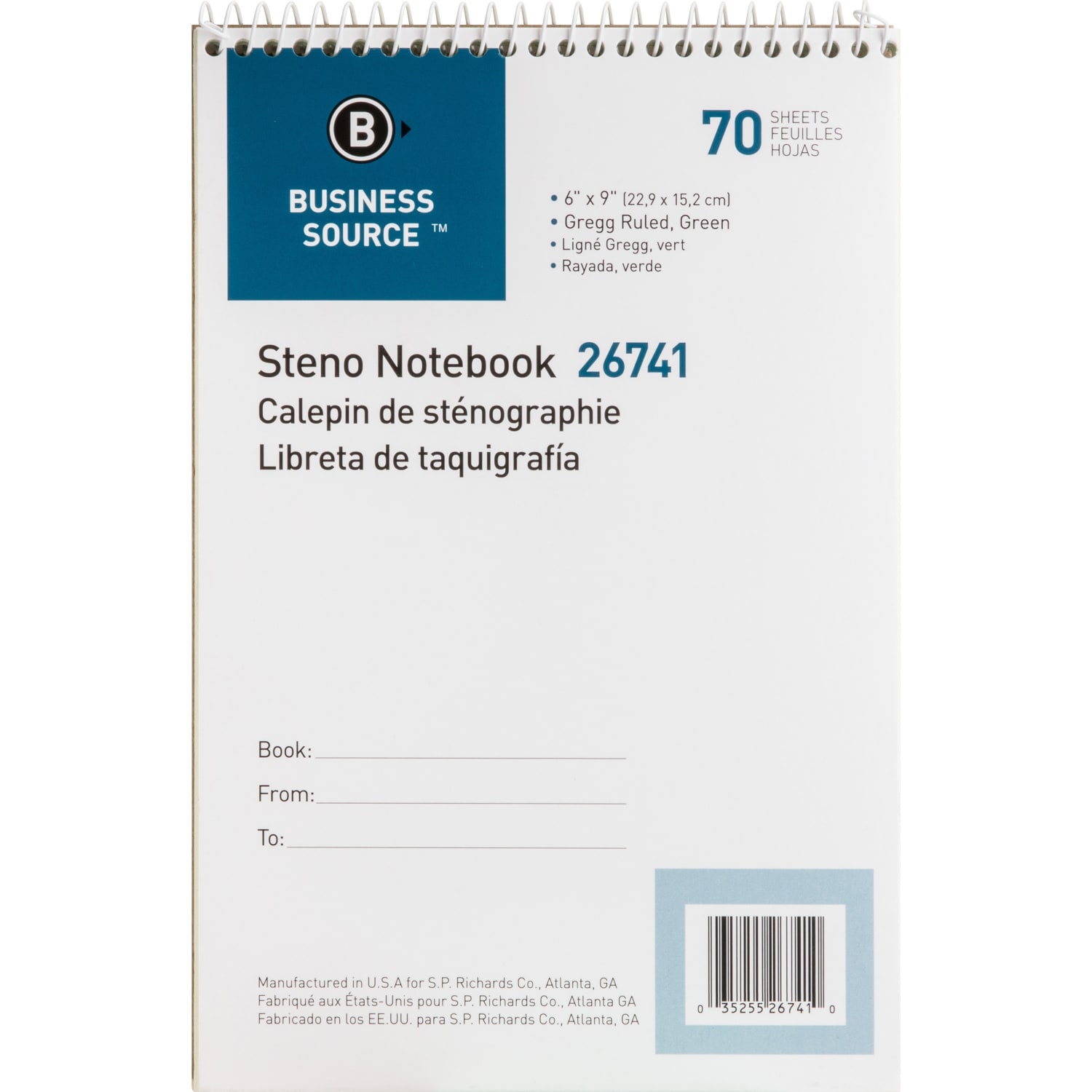 Business Source Steno Notebook - 70 Sheets - Wire Bound - Gregg Ruled Margin - 15 lb Basis Weight - 6inx9in Sheet Size - Green Paper - Stiff-back - Image 3