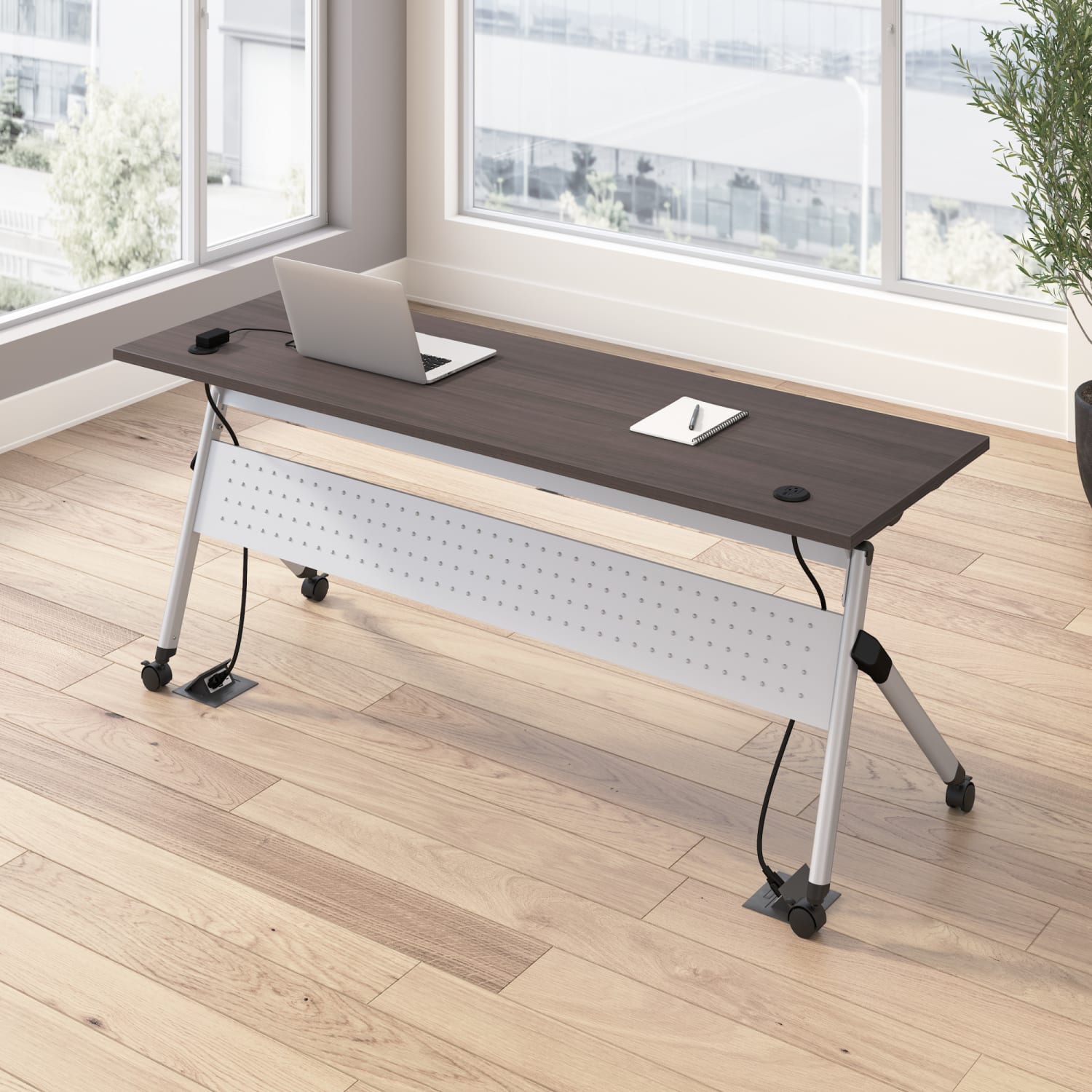Bush Business Furniture Envision 72inW Folding Training Table with Powered Grommets, Storm Gray/Cool Gray Metallic, Standard Delivery