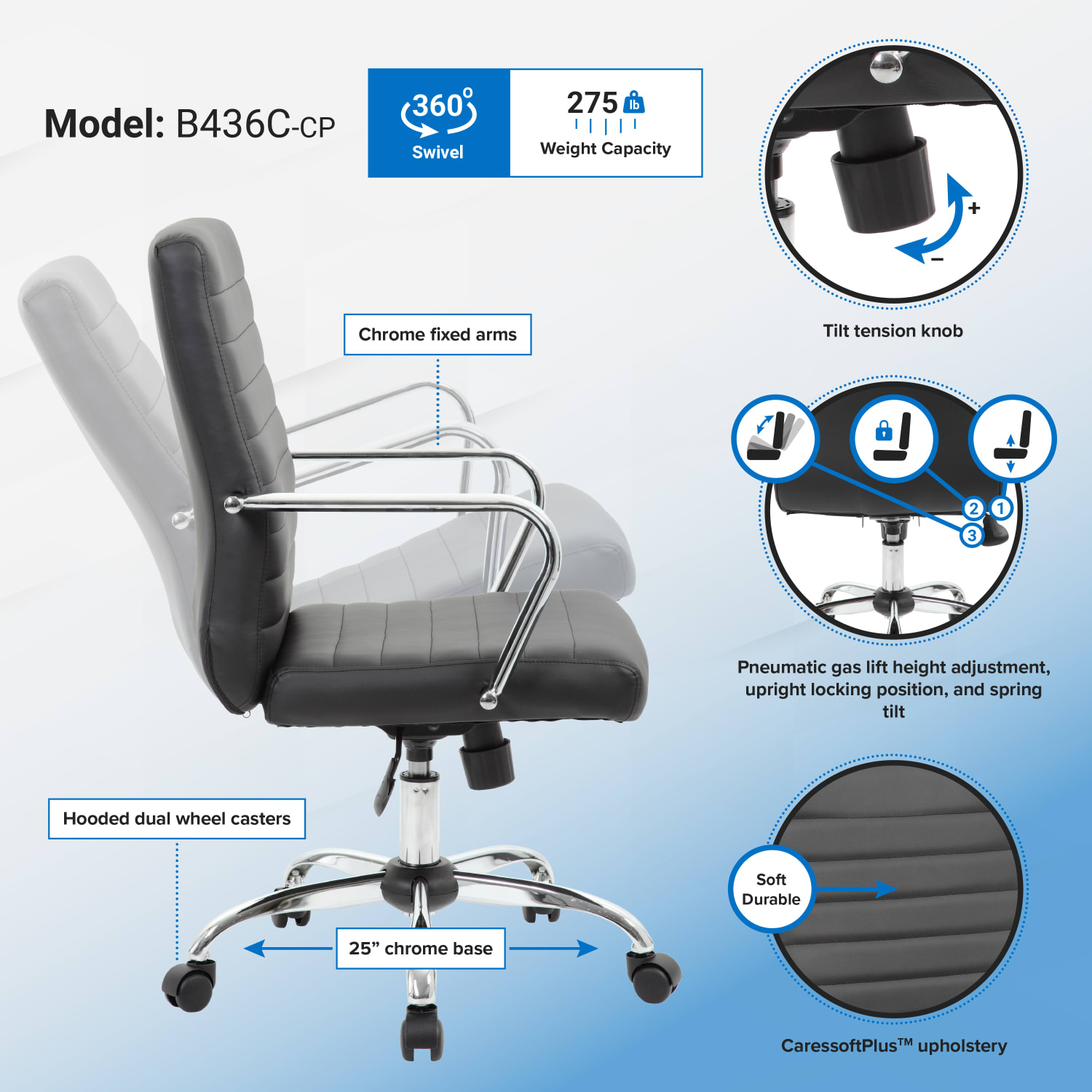 Boss Office Products Retro Caressoft Vinyl Mid Back Task Chair BlackChrome PopularChairscom