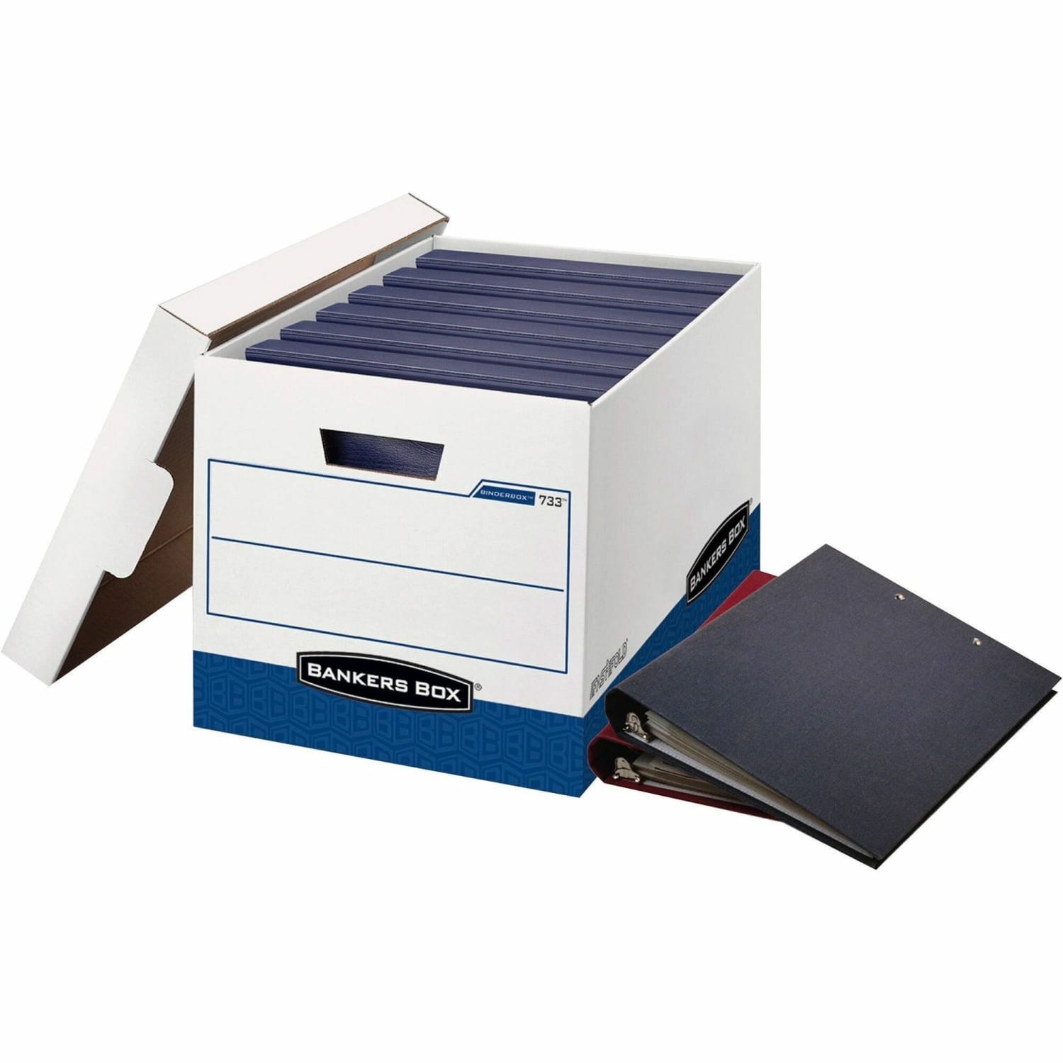 Bankers Box Binderbox Heavy-Duty Storage Boxes With Locking Lift-Off Lids And Built-In Handles, 18 1/2in x 12 1/4in x 12in, 60% Recycled, Blue/White, Case Of 12 - Image 6