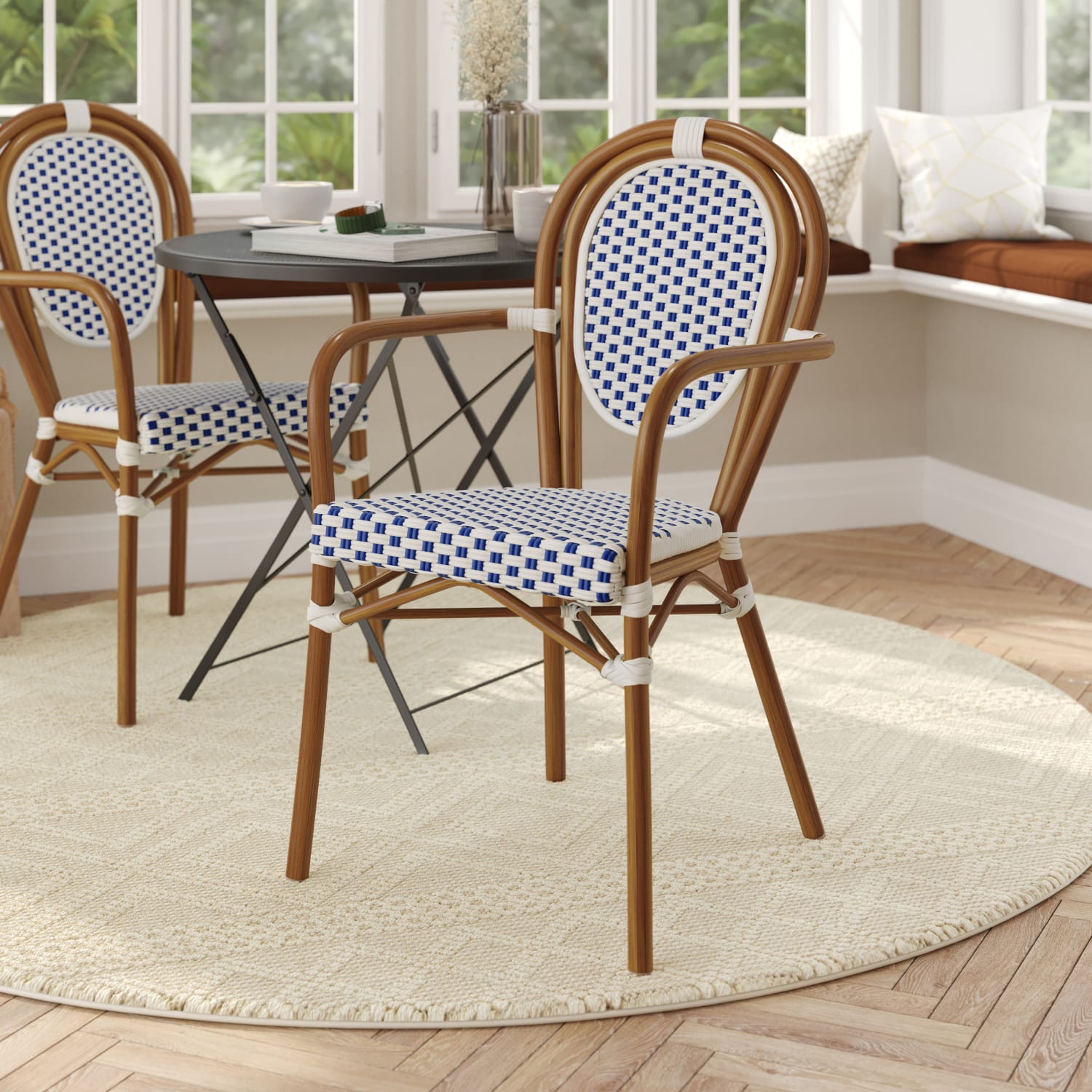 Flash Furniture Lourdes Indoor/Outdoor Commercial Thonet Bistro Stacking Chair with Arms, PE Rattan and Aluminum Frame, White & Navy/Natural Frame - Image 3