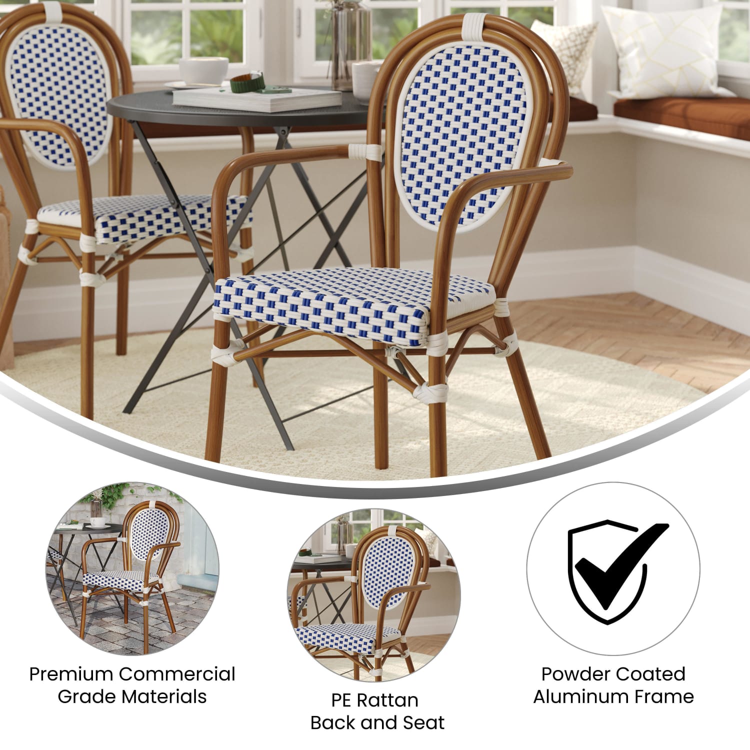 Flash Furniture Lourdes Indoor/Outdoor Commercial Thonet Bistro Stacking Chair with Arms, PE Rattan and Aluminum Frame, White & Navy/Natural Frame - Image 4