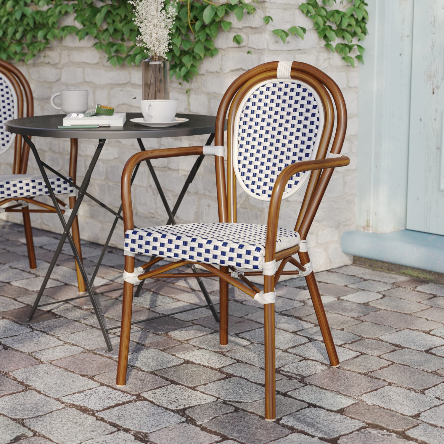 Flash Furniture Lourdes Indoor/Outdoor Commercial Thonet Bistro Stacking Chair with Arms, PE Rattan and Aluminum Frame, White & Navy/Natural Frame - Image 5