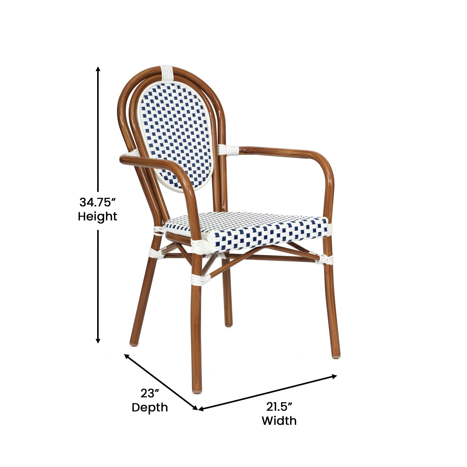 Flash Furniture Lourdes Indoor/Outdoor Commercial Thonet Bistro Stacking Chair with Arms, PE Rattan and Aluminum Frame, White & Navy/Natural Frame - Image 6