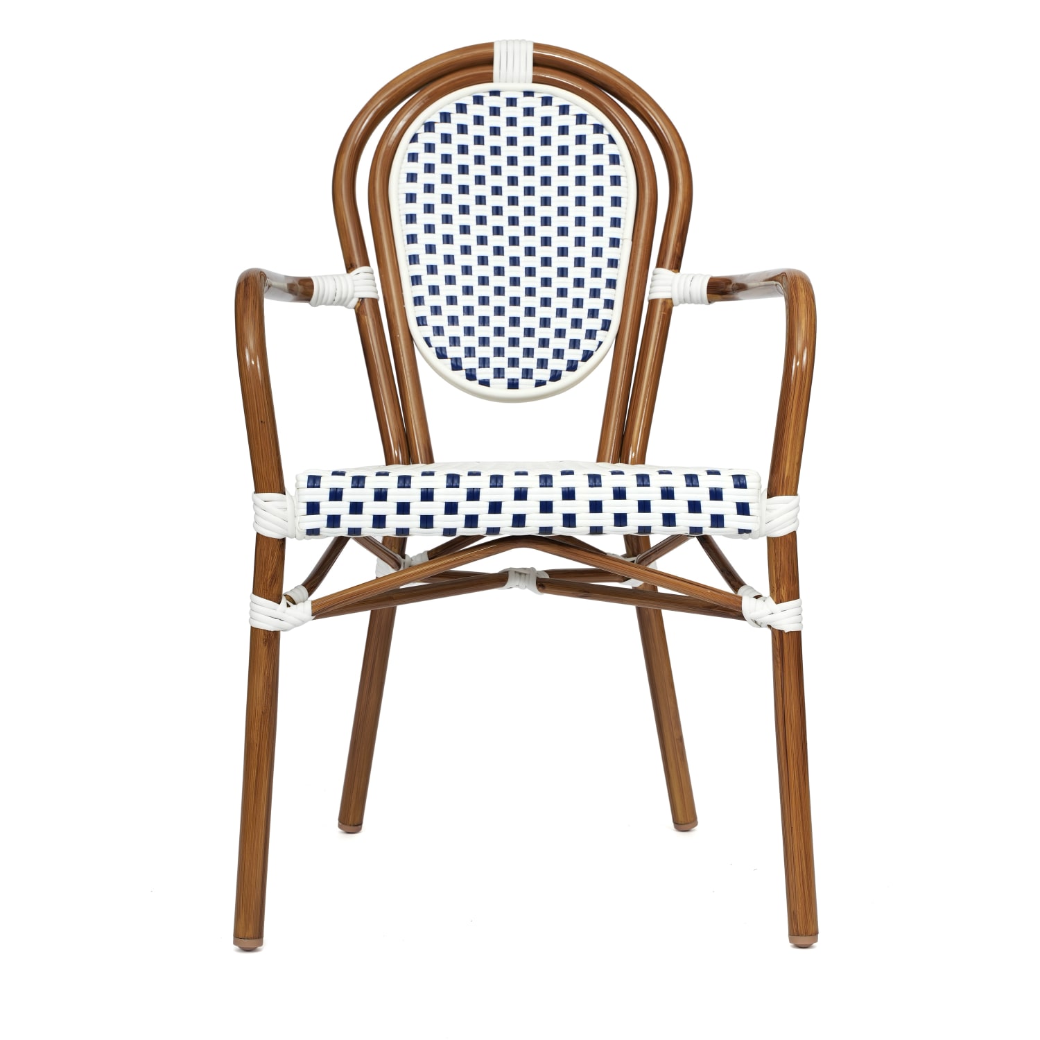 Flash Furniture Lourdes Indoor/Outdoor Commercial Thonet Bistro Stacking Chair with Arms, PE Rattan and Aluminum Frame, White & Navy/Natural Frame - Image 10