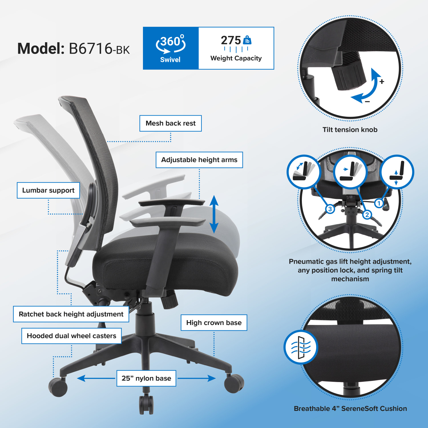 Boss Office Products Multifunction Mesh Mid Back Task Chair MeshFabric Black PopularChairscom