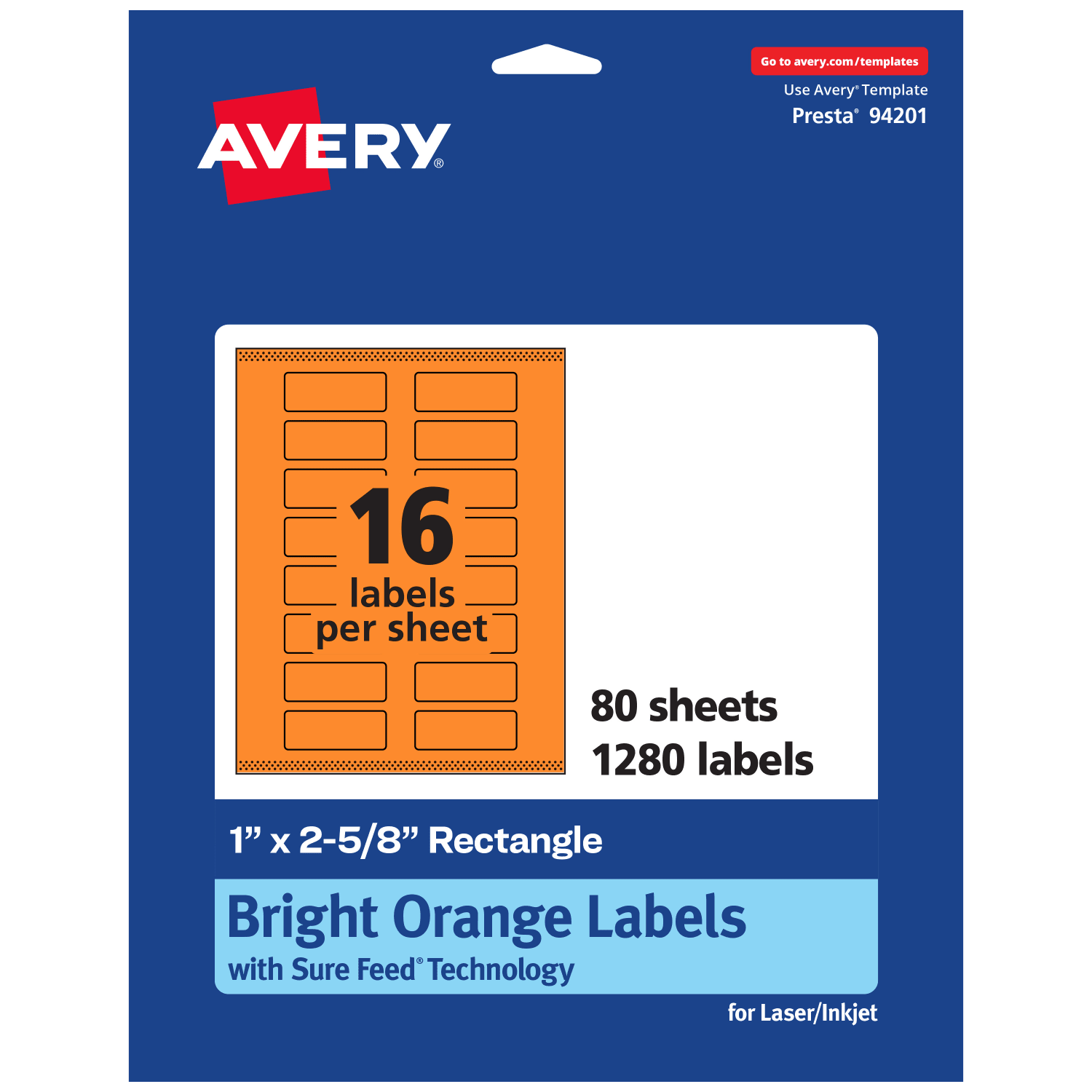 Avery Print-To-The-Edge Labels With Sure Feed Technology And Easy Peel, 94201-BOP80, Rectangle, 1in x 2-5/8in, Matte Bright Orange, Pack of 1280