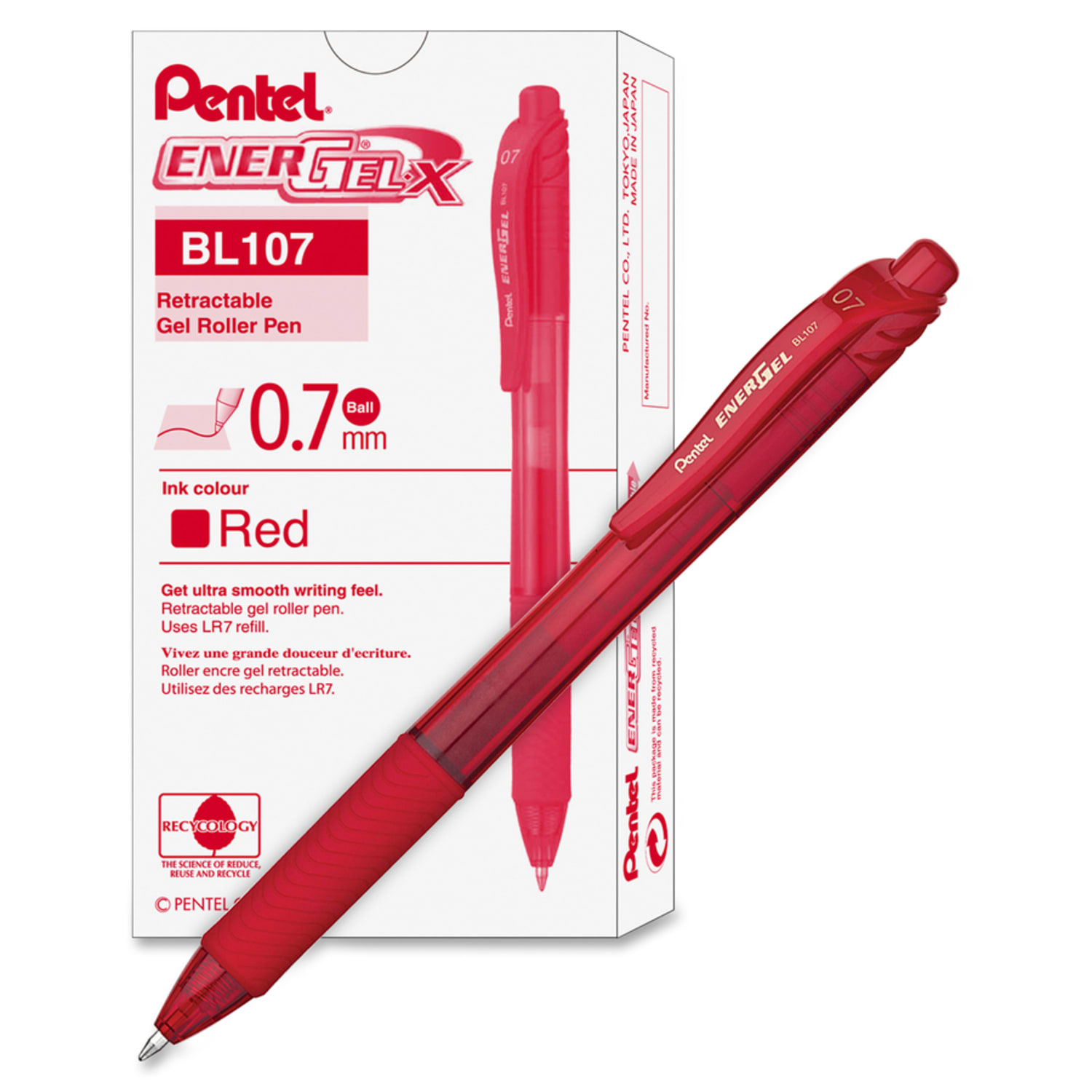 Pentel EnerGel-X Retractable Gel Pens, Medium Point, 0.7 mm, Red Barrel, Red Ink, Pack Of 12 Pens - Image 6