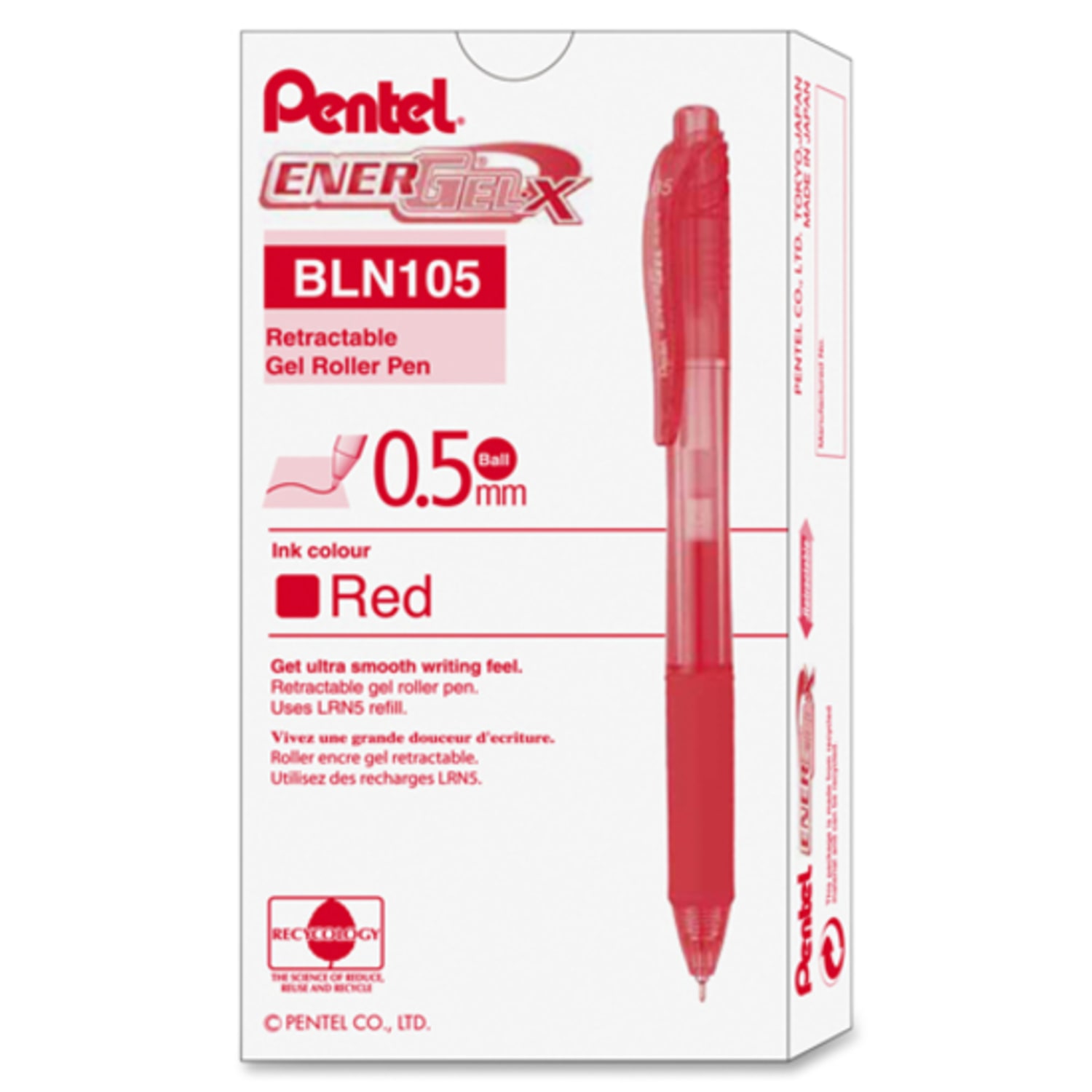Pentel EnerGel-X Retractable Gel Pens, Fine Point, 0.5 mm, Red Barrel, Red Ink, Pack Of 12 Pens - Image 5
