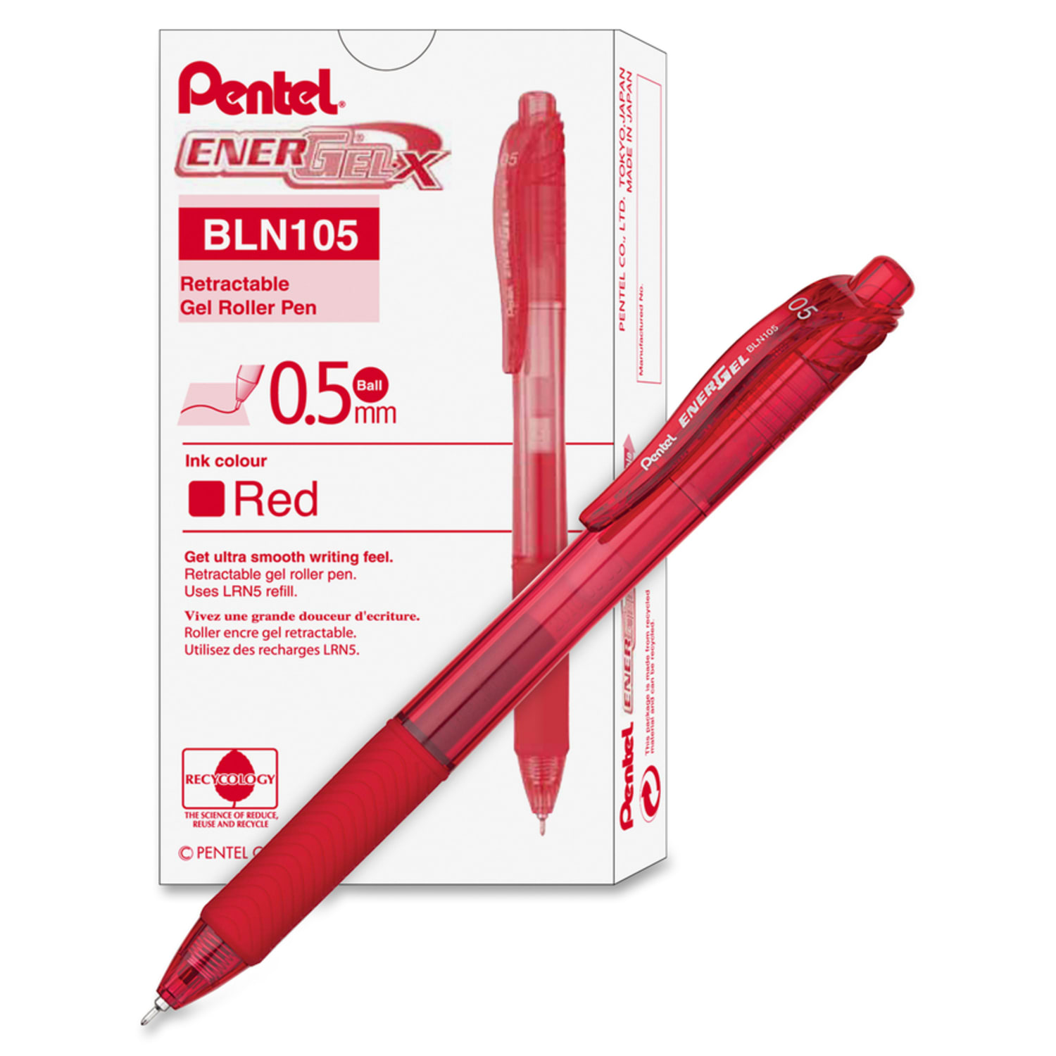 Pentel EnerGel-X Retractable Gel Pens, Fine Point, 0.5 mm, Red Barrel, Red Ink, Pack Of 12 Pens - Image 6