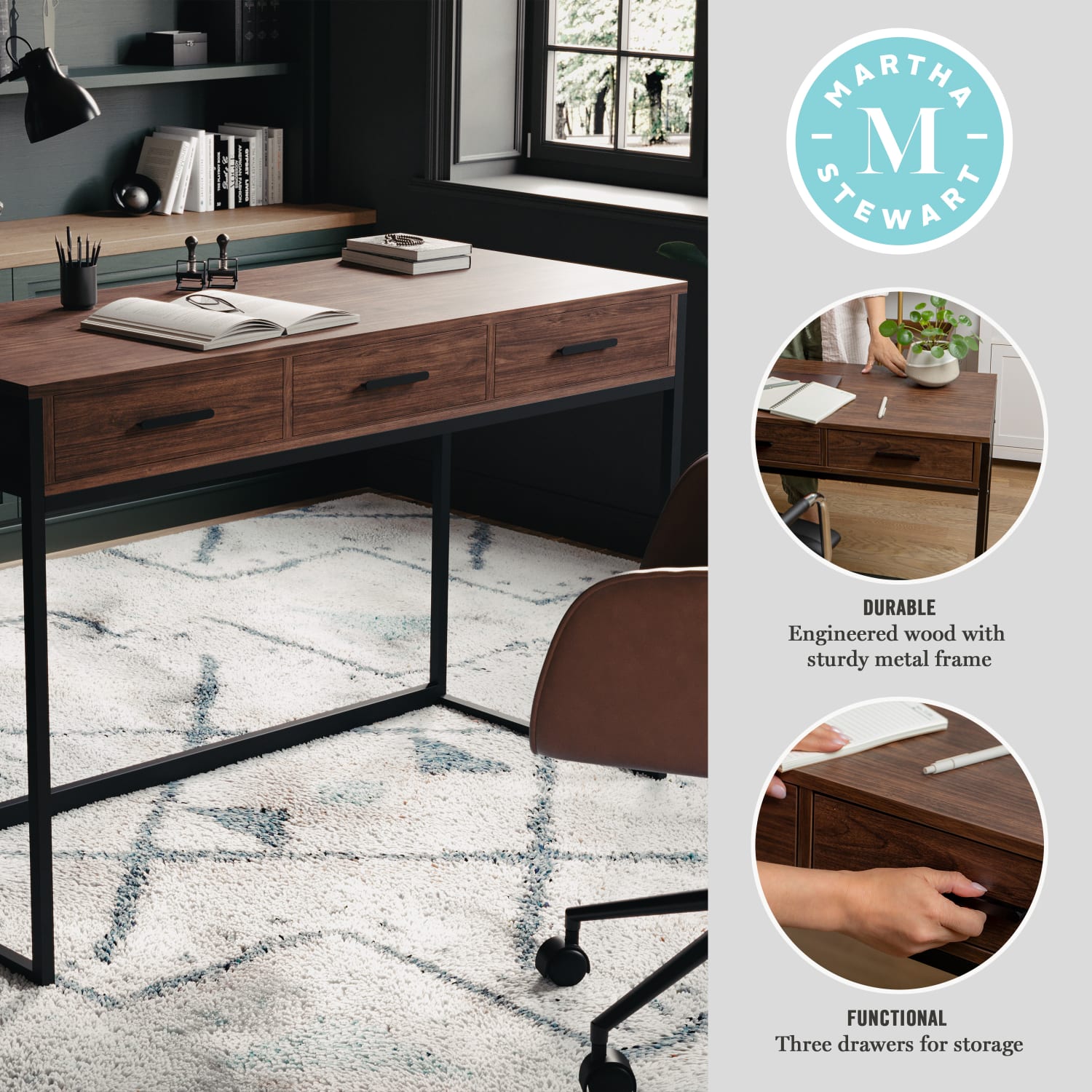 Martha Stewart Ollie Home 47-1/4inW Office Computer Desk With 3 Drawers, Walnut/Oil Rubbed Bronze - Image 4