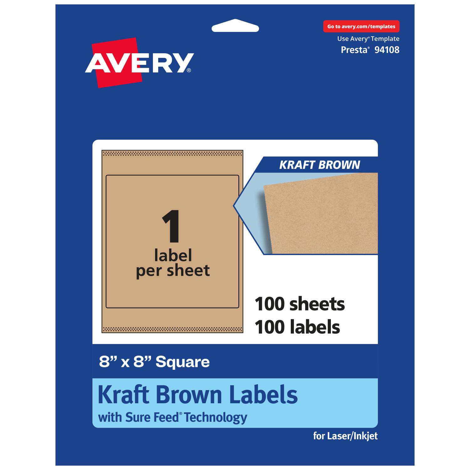 Avery Kraft Permanent Labels With Sure Feed, 94108-KMP100, Square, 8in x 8in, Brown, Pack Of 100