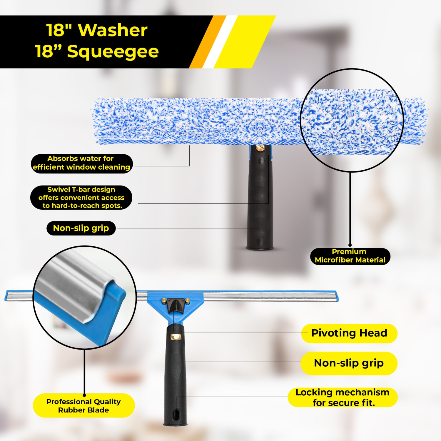Gritt Commercial Pro Window Washing Kit With Squeegee, Washer And Pole, 18in Squeegee And Washer/20in Pole, Multicolor - Image 5
