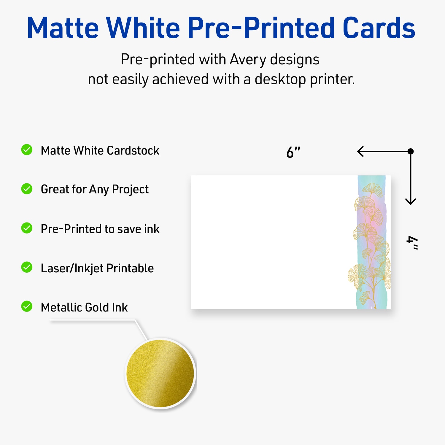 Avery Printable Postcards With Sure Feed Technology, 4in x 6in, Matte White With Watercolor/Gold Leaf Design, Pack Of 20 - Image 4