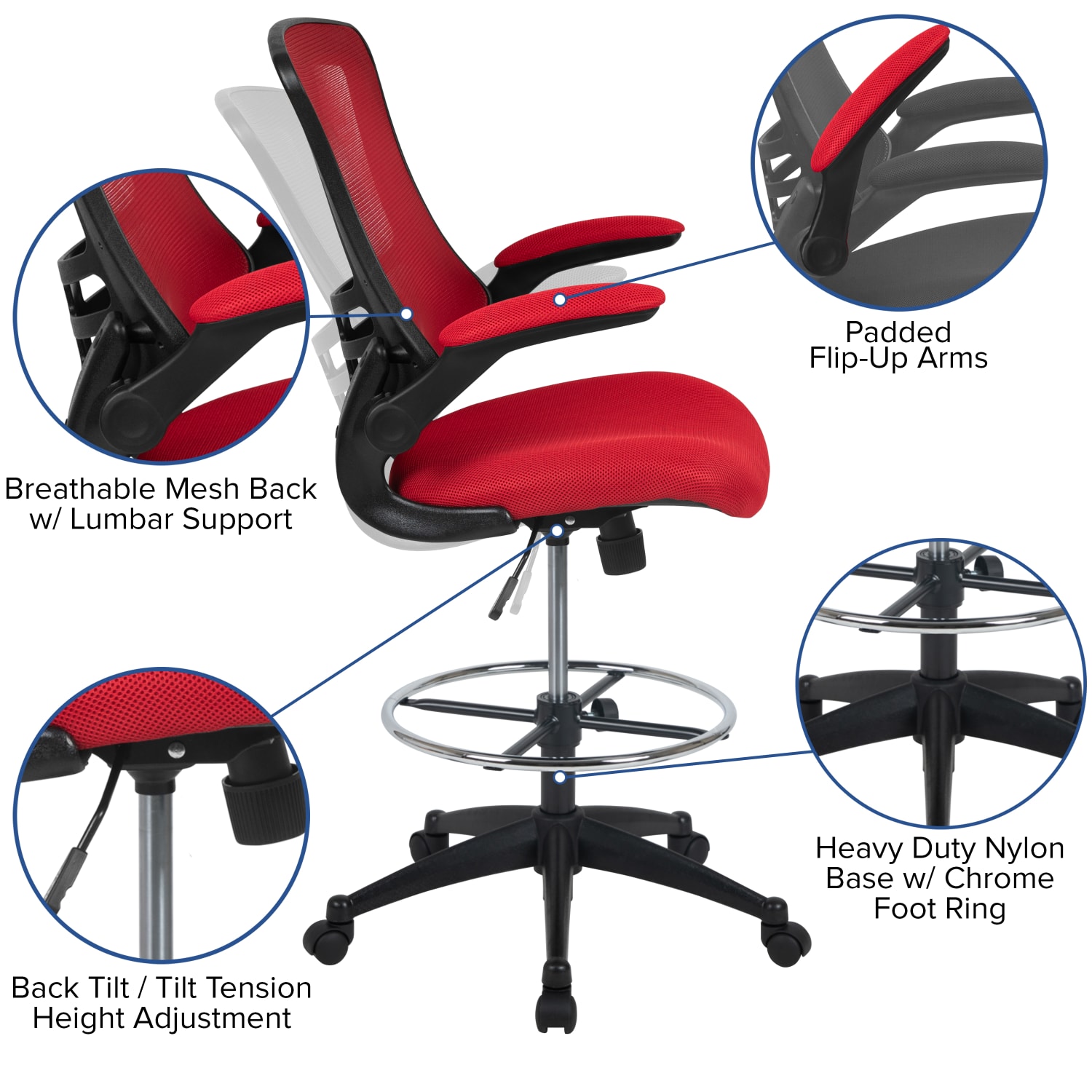 Flash Furniture MidBack Mesh Ergonomic Drafting Chair with Adjustable Foot Ring and FlipUp Arms Red PopularChairscom Flash Furniture Mid Back Mesh Ergonomic Drafting Chair with Adjustable Foot Ring and Flip Up Arms Red PopularChairscom