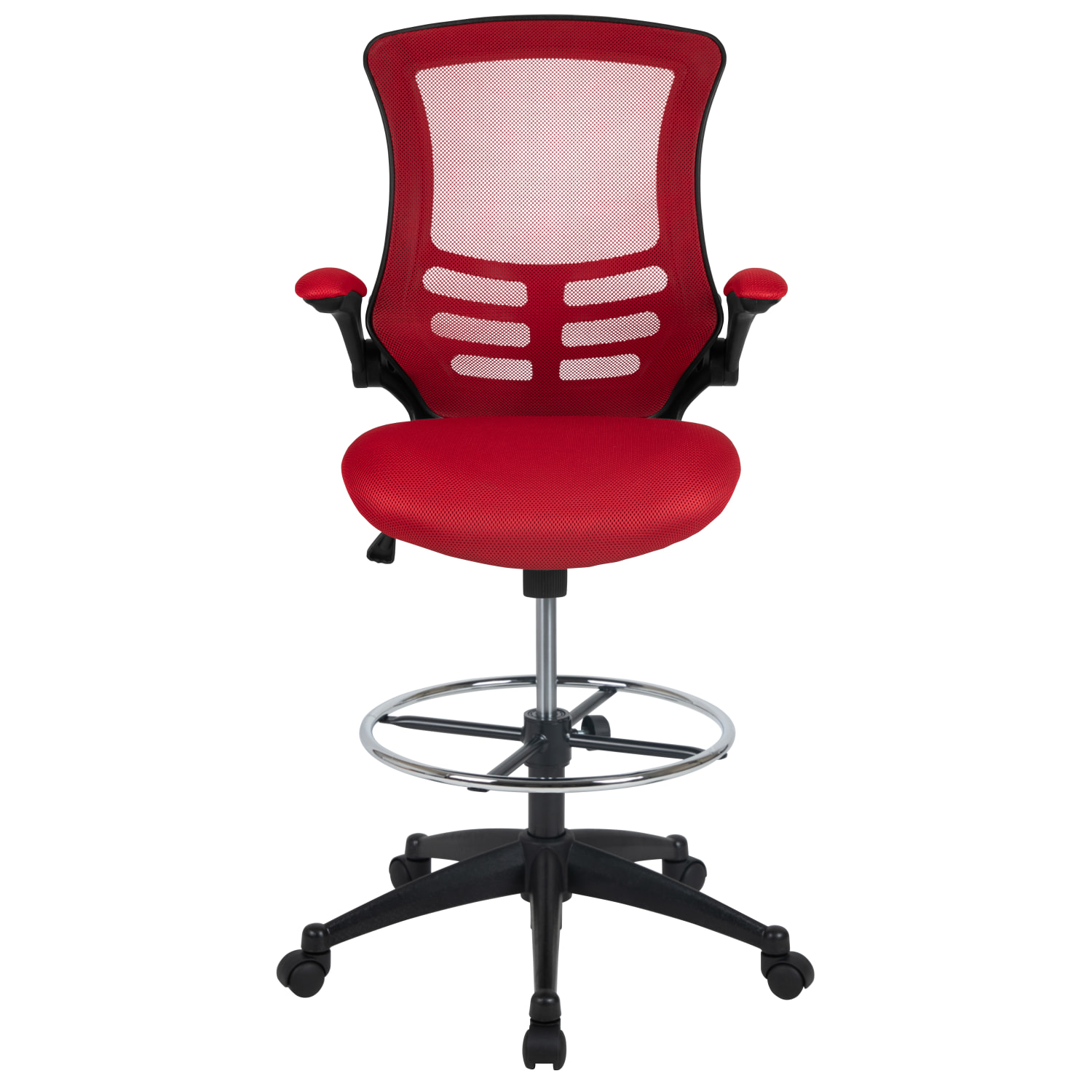 Flash Furniture MidBack Mesh Ergonomic Drafting Chair with Adjustable Foot Ring and FlipUp Arms Red PopularChairscom Flash Furniture Mid Back Mesh Ergonomic Drafting Chair with Adjustable Foot Ring and Flip Up Arms Red PopularChairscom