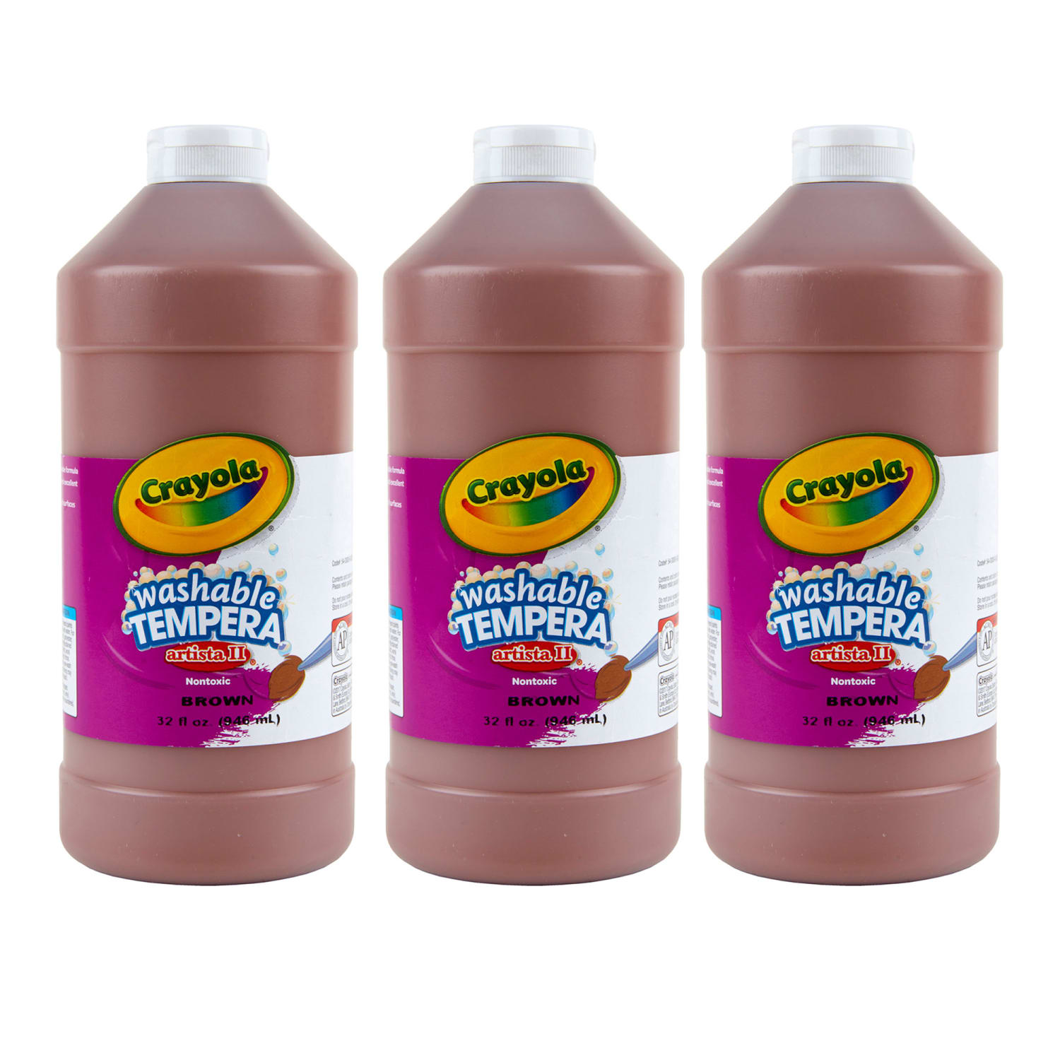 Crayola Artista II Washable Tempera Paint, 32 oz, Brown, Pack Of 3