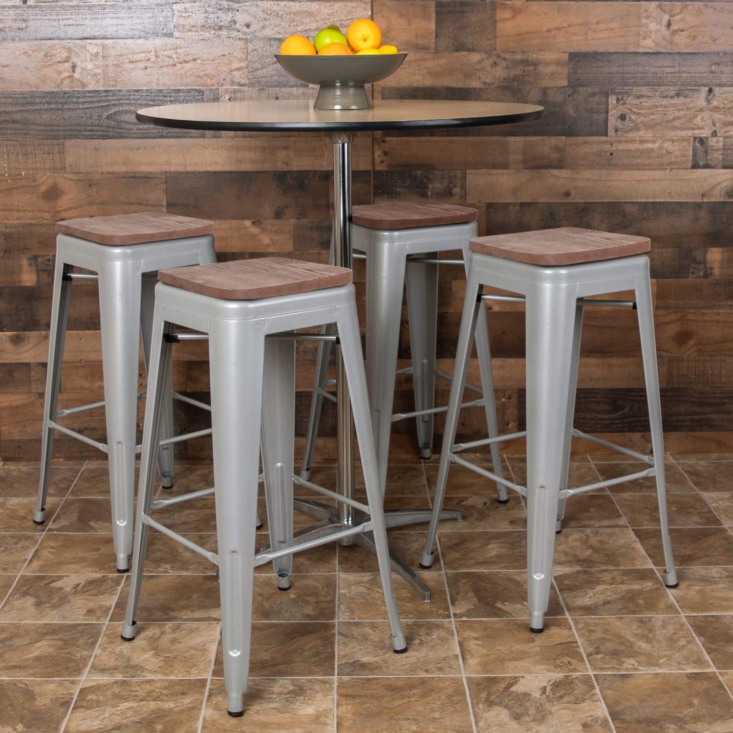 Flash Furniture 30in High Metal Indoor Bar Stool with Wood Seat - Stackable Set of 4, Silver