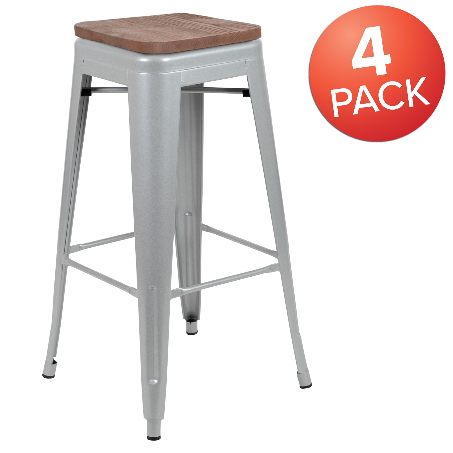 Flash Furniture 30in High Metal Indoor Bar Stool with Wood Seat - Stackable Set of 4, Silver - Image 4
