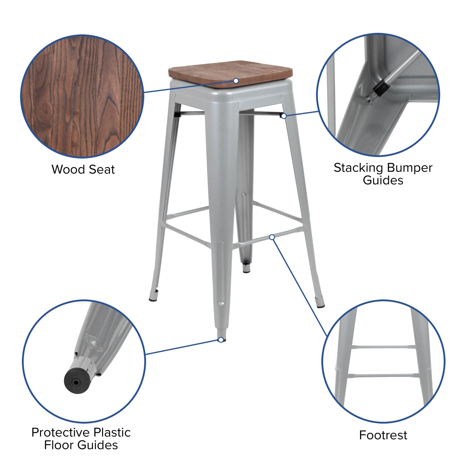 Flash Furniture 30in High Metal Indoor Bar Stool with Wood Seat - Stackable Set of 4, Silver - Image 5