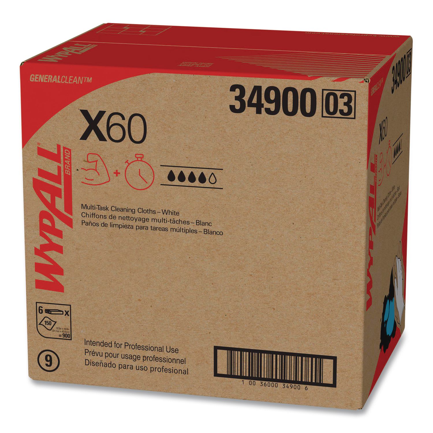 WypAll General Clean X60 Cloths, Flat Sheet, 12.5 x 16.8, White, 150/Box, 6 Boxes/Carton - Image 3