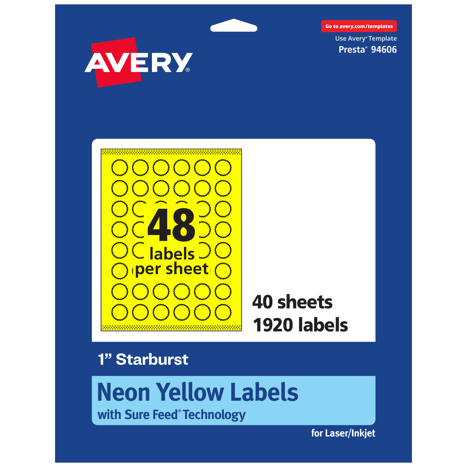 Avery Print-To-The-Edge Labels With Sure Feed Technology, 94606-NYP40, Starburst, 1in, Matte Neon Yellow, Pack of 1920