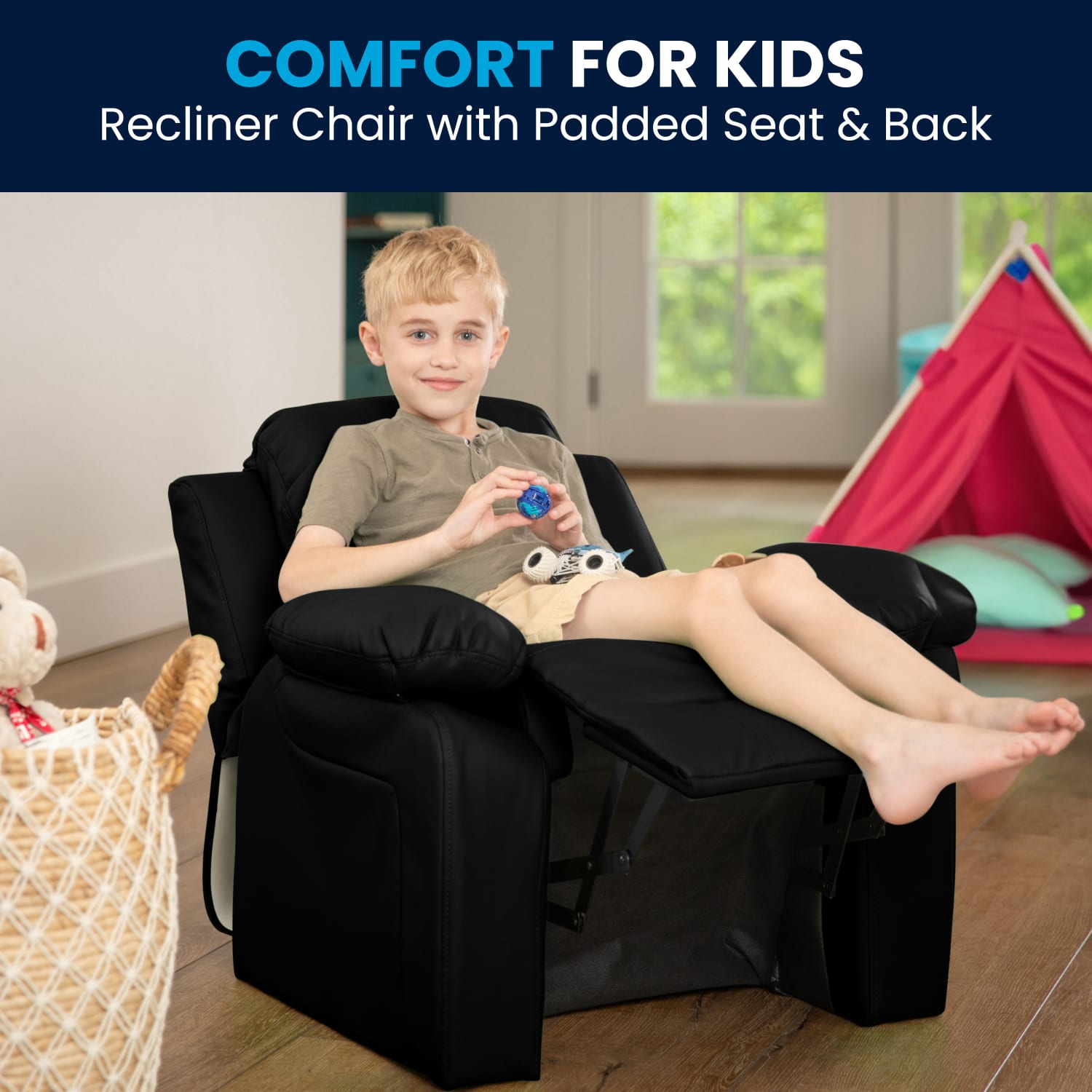Flash Furniture Deluxe Padded Contemporary Leathersoft Kids Recliner Accent Chair With Storage Arms Black PopularChairscom Flash Furniture Deluxe Padded Contemporary Leathersoft Kids Recliner Accent Chair With Storage Arms Black PopularChairscom