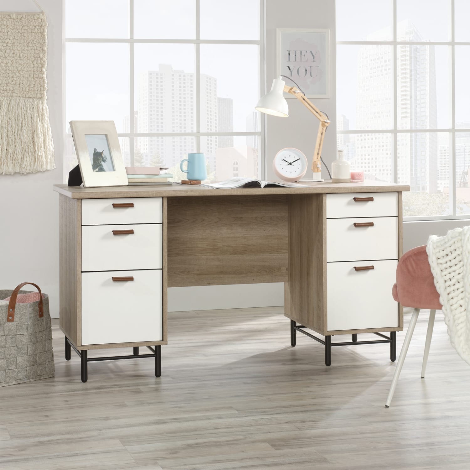 Sauder Anda Norr 57inW Executive Computer Desk, Sky Oak/White - Image 3