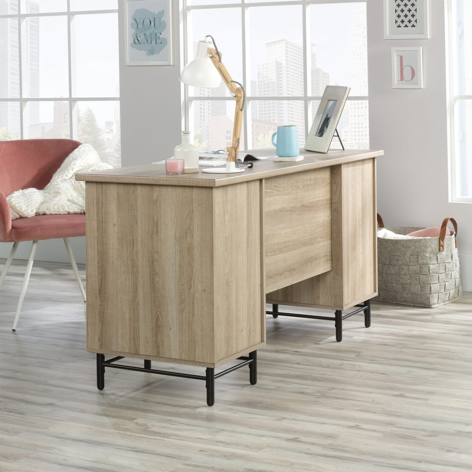 Sauder Anda Norr 57inW Executive Computer Desk, Sky Oak/White - Image 4