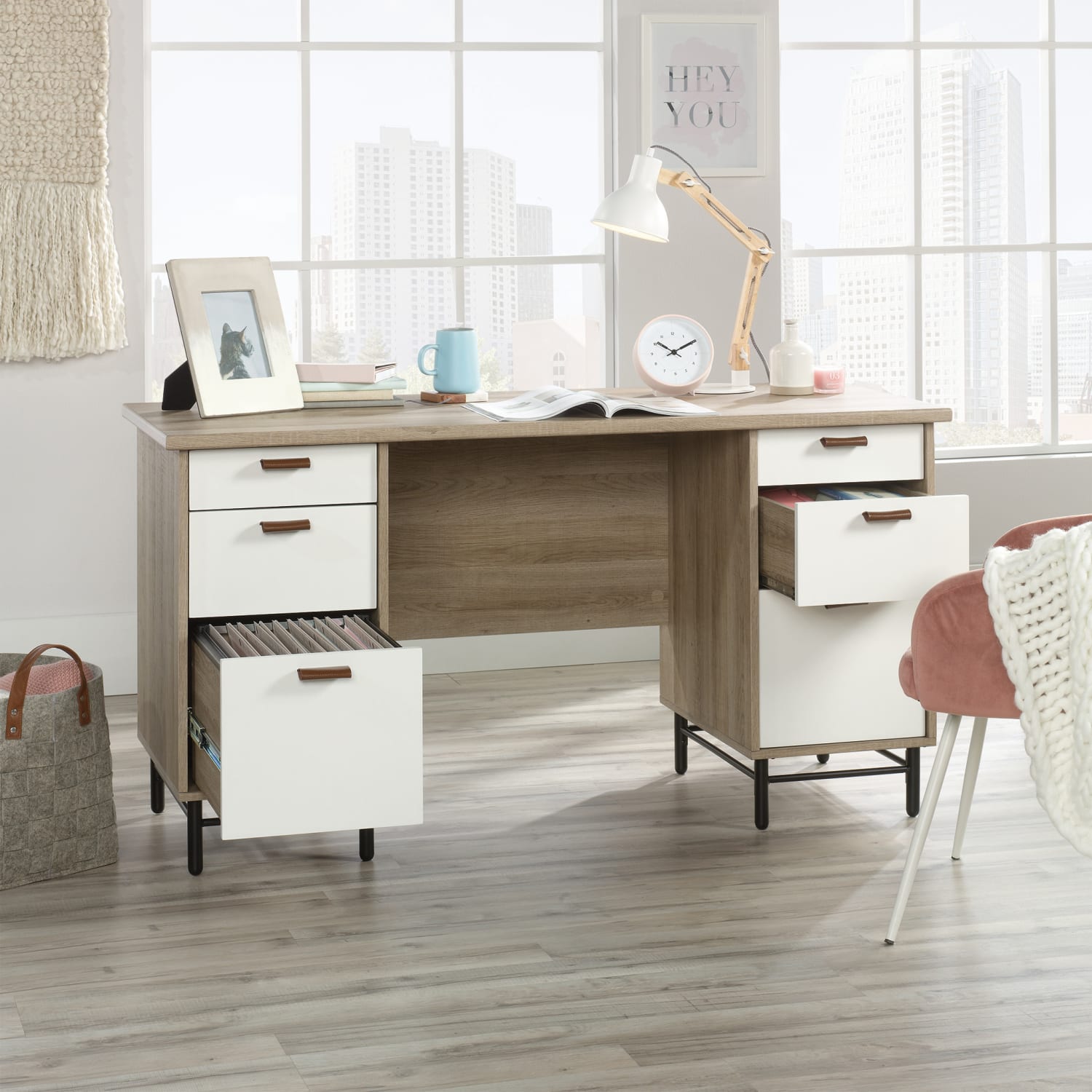 Sauder Anda Norr 57inW Executive Computer Desk, Sky Oak/White - Image 5