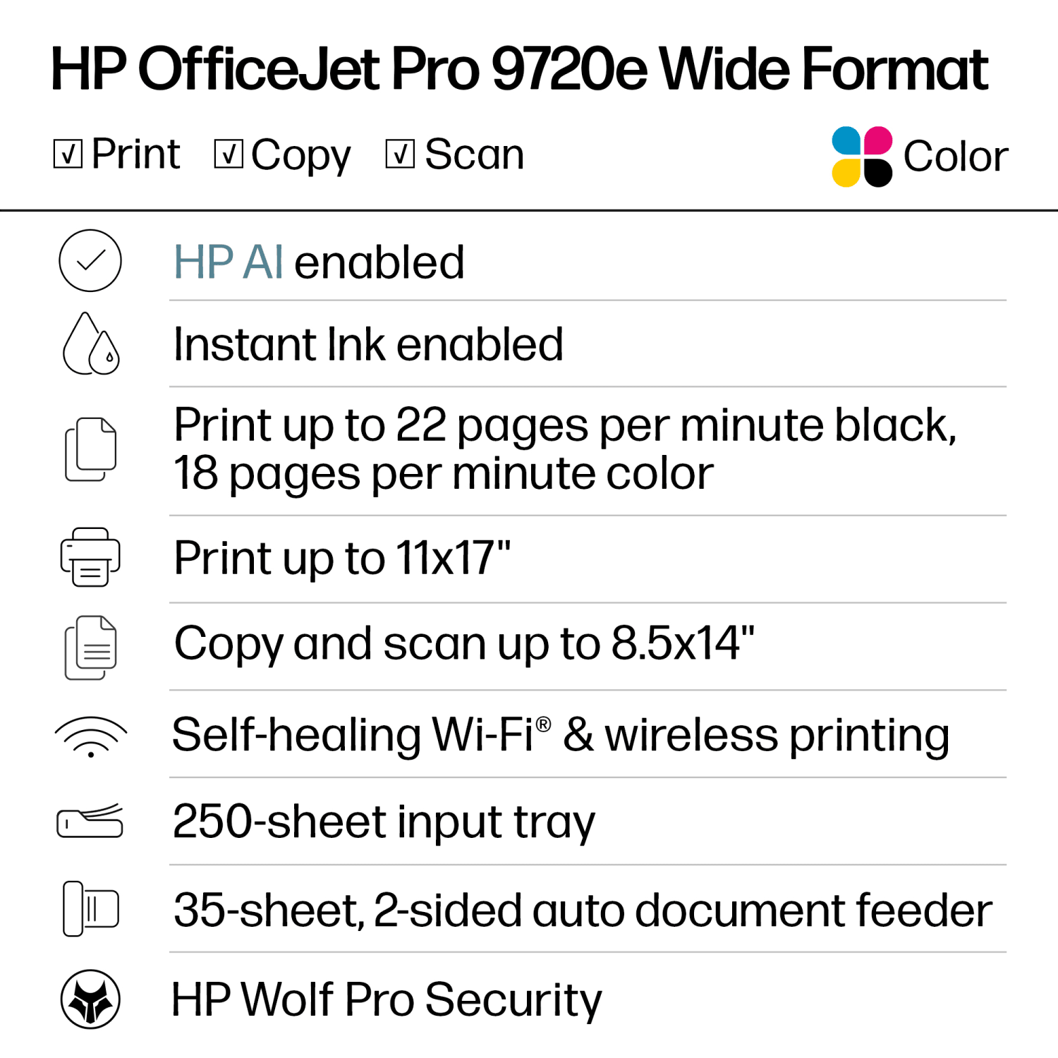 HP OfficeJet Pro 9720e Wide Format Wireless All-in-One Color Inkjet Printer, print, scan, copy, best for office, 3 mos free Instant Ink, AI-enabled - Image 4