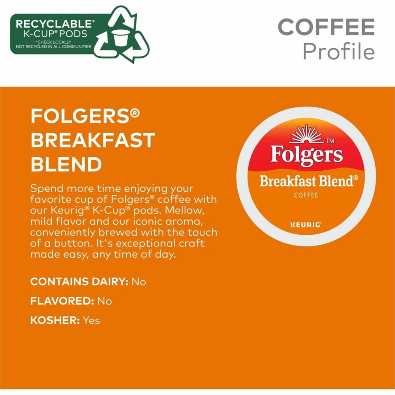 Folgers K-Cup Breakfast Blend Coffee K-Cup Pods - Compatible with Keurig K-Cup Brewer - Light/Mild - 24 K-Cup - 24 / Box - Image 6