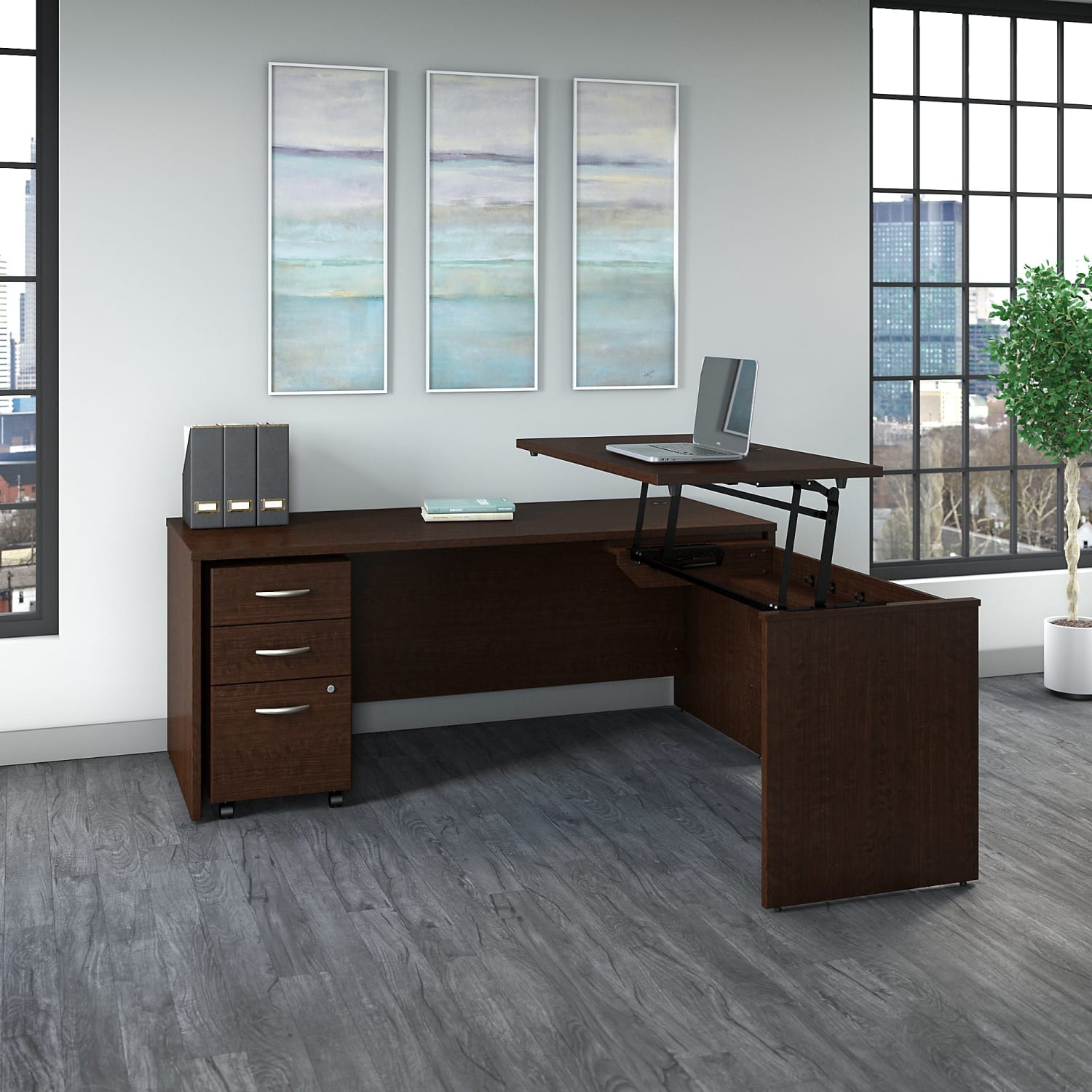 Bush Business Furniture Components 72inW 3 Position Sit to Stand L Shaped Desk with Mobile File Cabinet, Mocha Cherry, Standard Delivery - Image 3